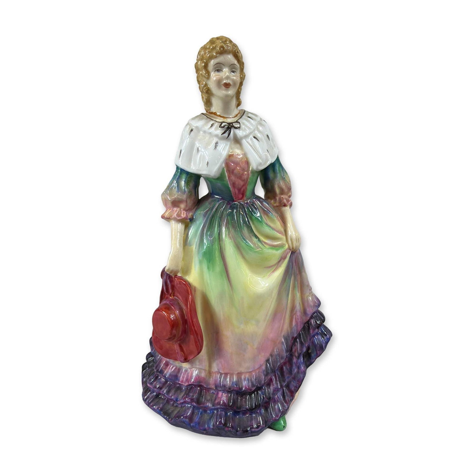 Paragon Lady Cynthia Porcelain Figurine: Paragon fine bone china figurine titled Lady Cynthia, featuring a standing female figure in a multi-colored crinoline dress decorated with a gradient glaze of yellow, green, pink, and purple. The figu