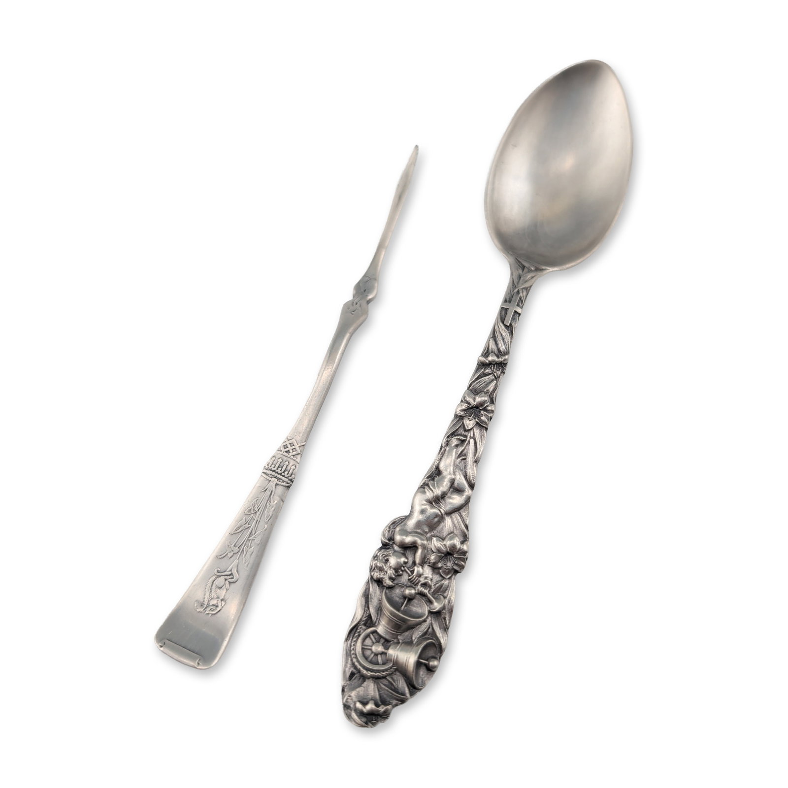 2pc Watson Sterling Silver Spoon and Williams Bros Nut Pick: Art Nouveau sterling silver commemorative spoon by The Watson Company, featuring a repousse handle decorated with a winged cherub, wedding bells, and lilies. The reverse is marked STERLING with the