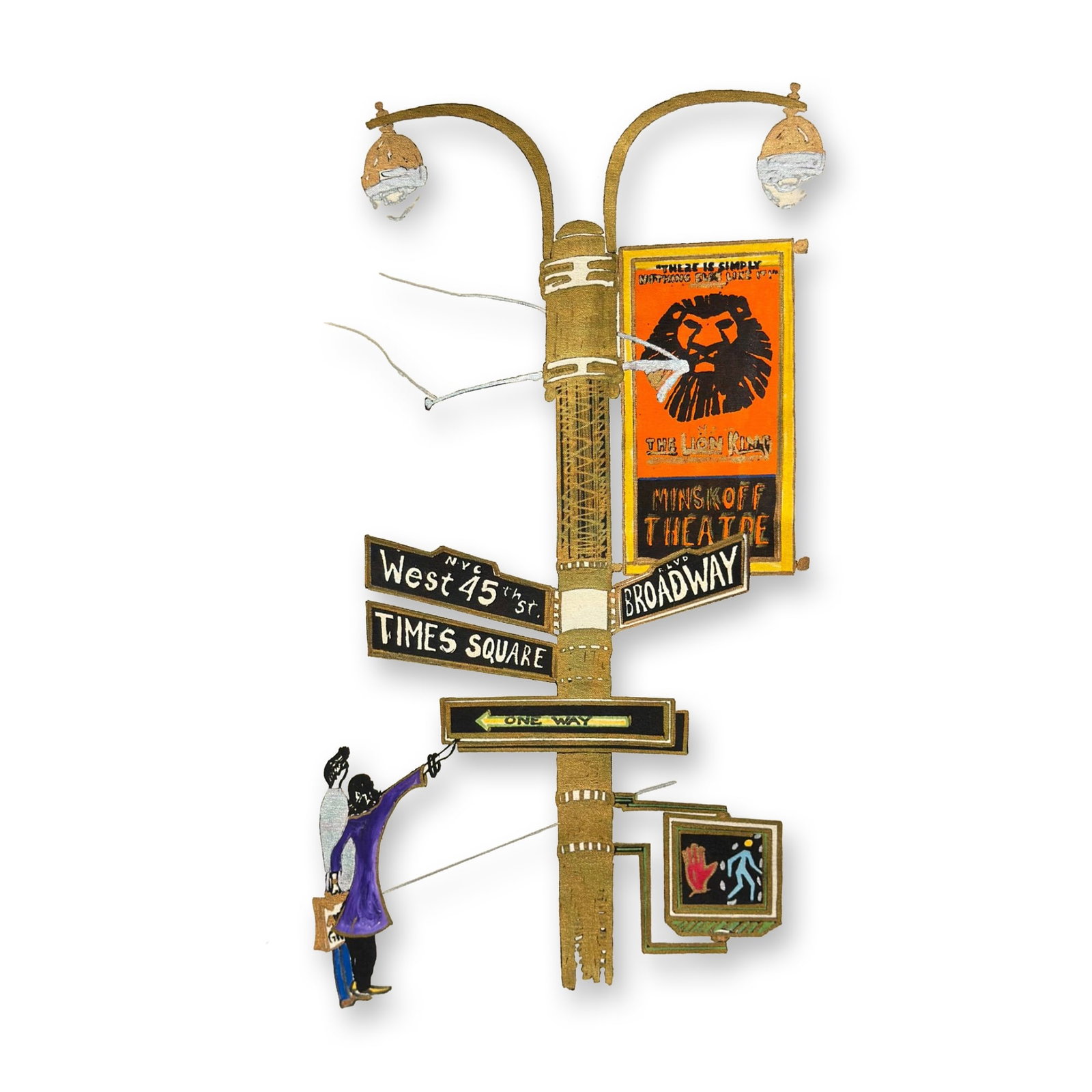 Times Square Street Scene, Mixed Media on Canvas: This mixed media work on an unstretched cream-colored textile depicts a whimsical street scene at the intersection of Broadway and West 45th Street in Times Square, New York City. The central focus