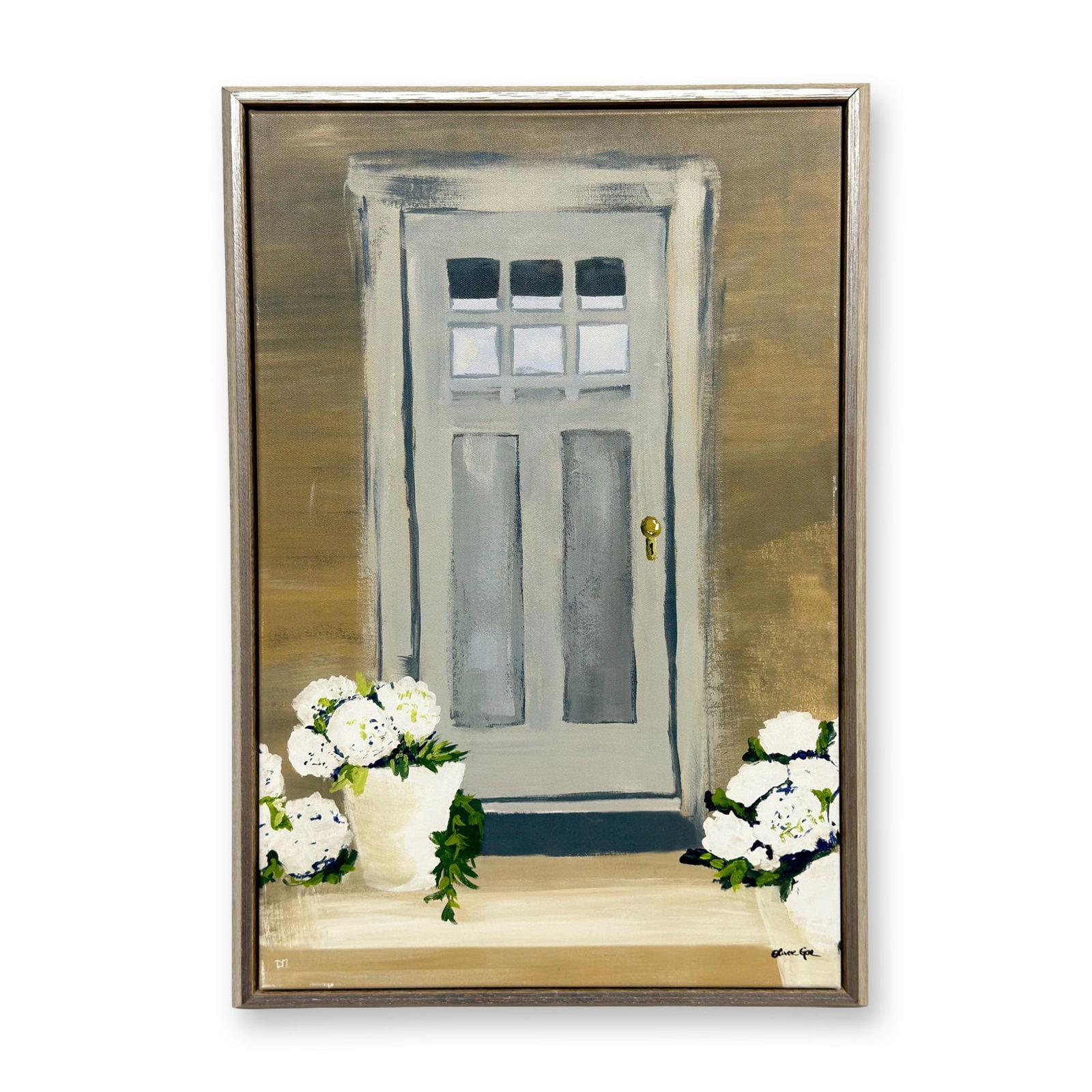 Oliver Gal Artist Co. Giclee on Canvas, Gracious Entry: A contemporary giclee on canvas produced by The Oliver Gal Artist Co., titled Gracious Entry. The artwork depicts a light gray paneled door with six window panes and a gold-colored doorknob set agains