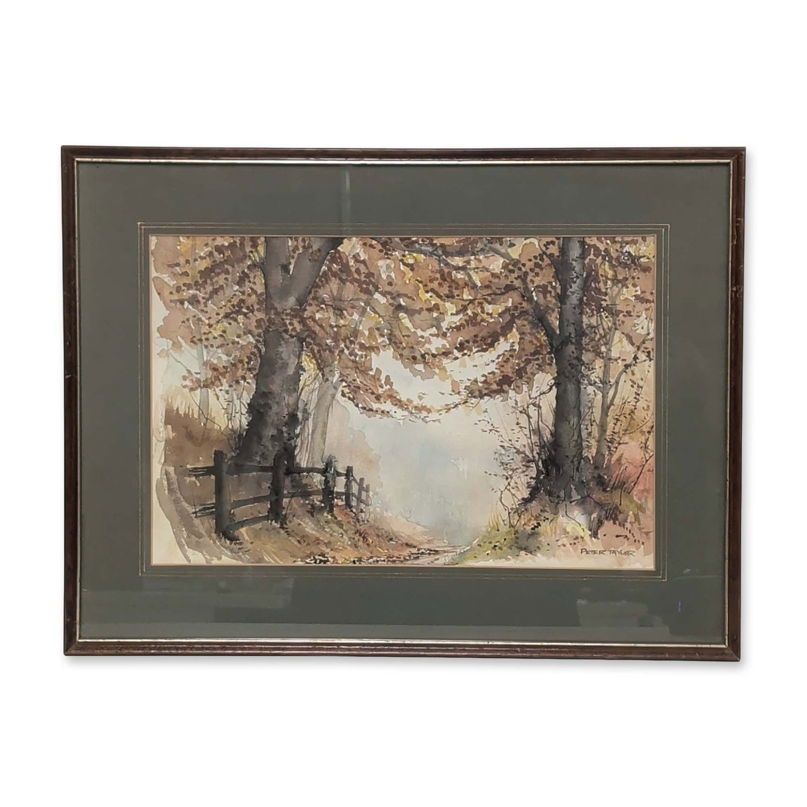 Peter Taylor (British, 20th century), Watercolor on Paper, Impressionist Woodland, Signed: Peter Taylor (British, 20th century) Impressionistic woodland landscape in watercolor on paper, featuring gestural brushwork in a palette of earthy ochre, brown, and muted green tones. The