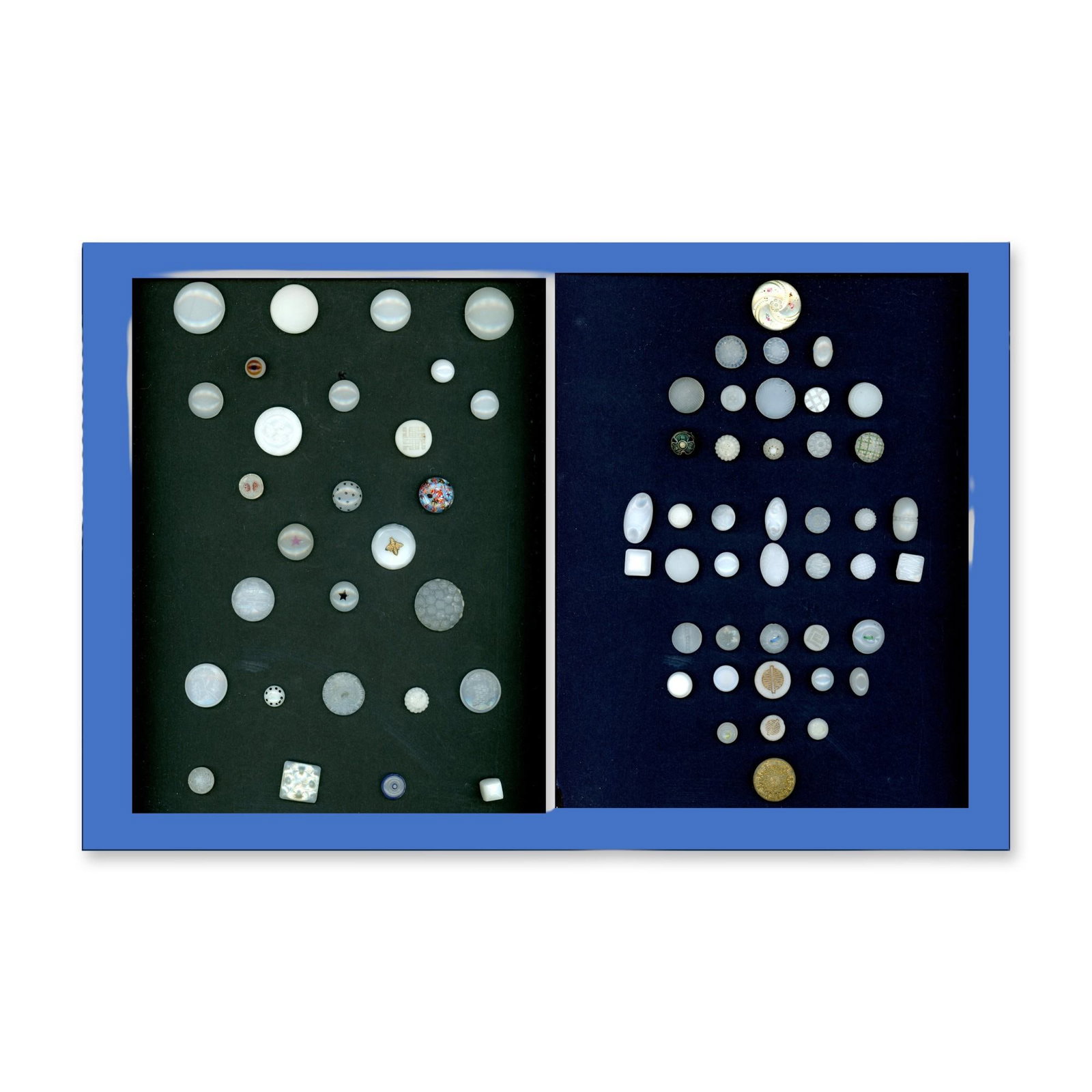 2 CARDS DIVISION ONE COLORED GLASS BUTTONS: 70 Small/Medium 19th century examples specialized to Clambroth. Here is a nice selection of these desirable type buttons including metal embellished, pictorials and more. Dimensions: SM=Less than