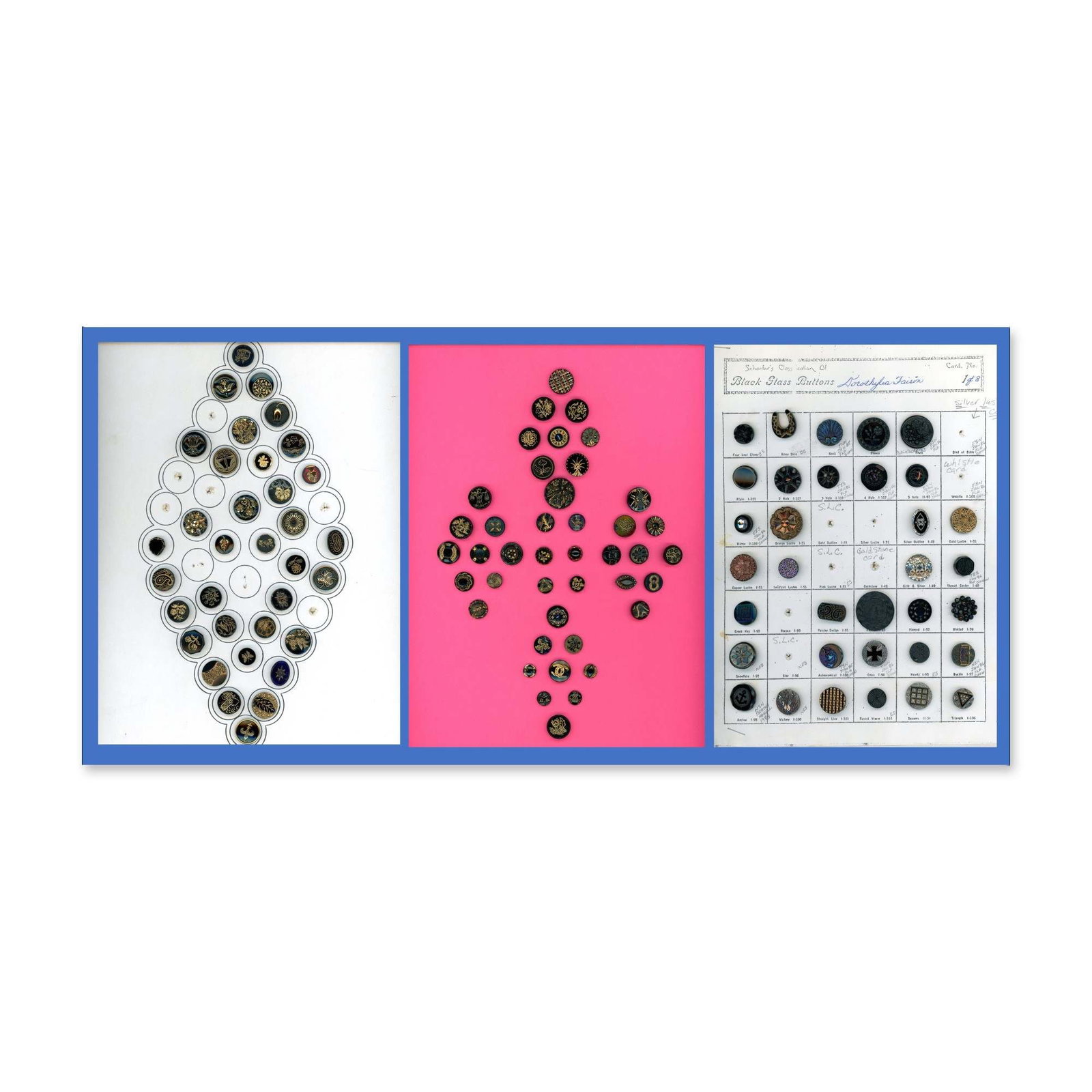 3 CARDS OF ASSORTED BLACK GLASS BUTTONS: 111 Small 19th/20th century assorted technique examples. These cards include a large variety including lots of gold Lusters, shapes and more. Dimensions: SM=Less than 3/4", Medium=3/4" to 1 1/4". Larg