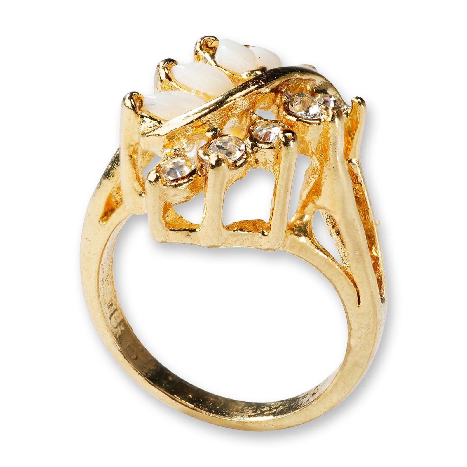 Gold Plated Faux Opal and Clear Glass Cocktail Ring: A gold-plated fashion cocktail ring featuring an asymmetrical cluster of simulated stones. The setting is composed of several marquise-cut white glass stones designed to resemble opals, paired with ro