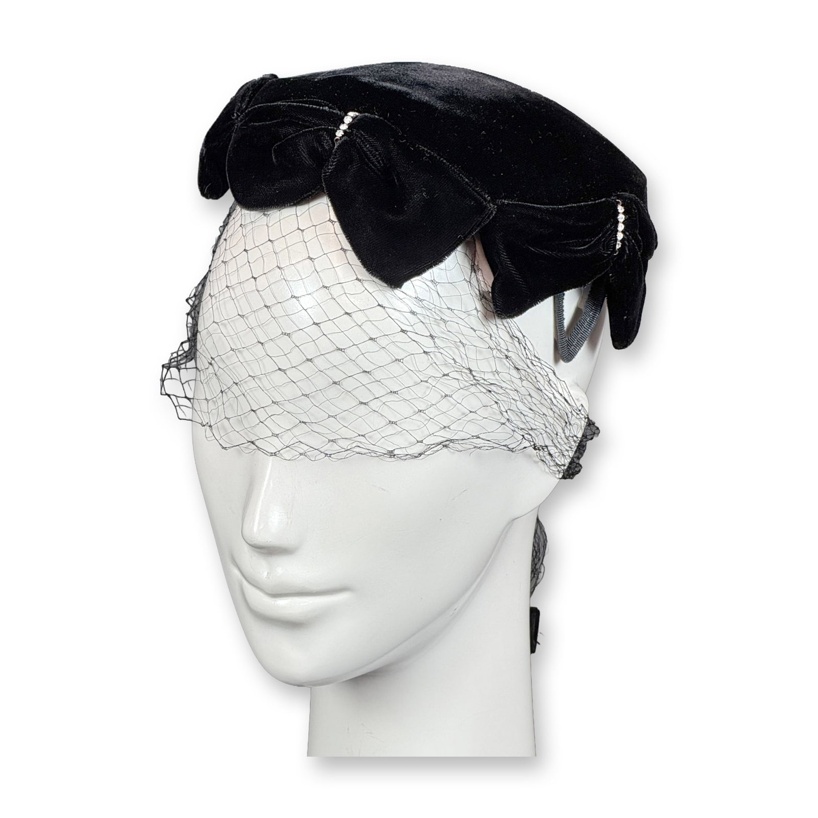 Vintage 1950s Black Velvet Pillbox Hat with Birdcage Veil and Rhinestones (1 of 4)