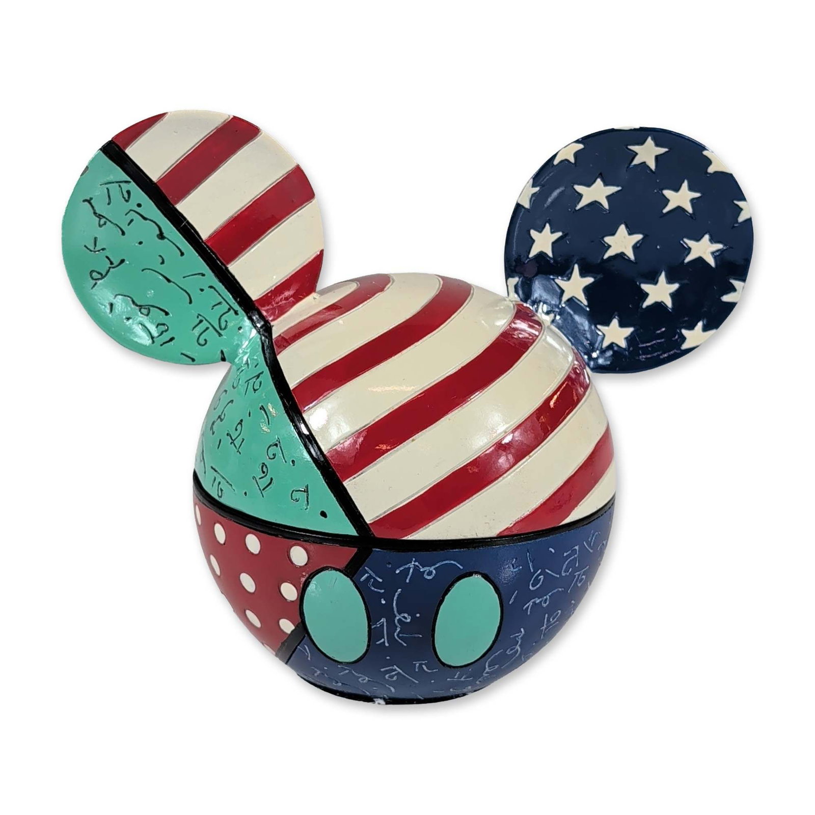 Disney by Britto Mickey Mouse Stars and Stripes Covered Box: Disney by Romero Britto Mickey Mouse head trinket box in a patriotic Stars and Stripes pattern. The piece is constructed of painted stone resin with a high-gloss finish, incorporating signature pop ar
