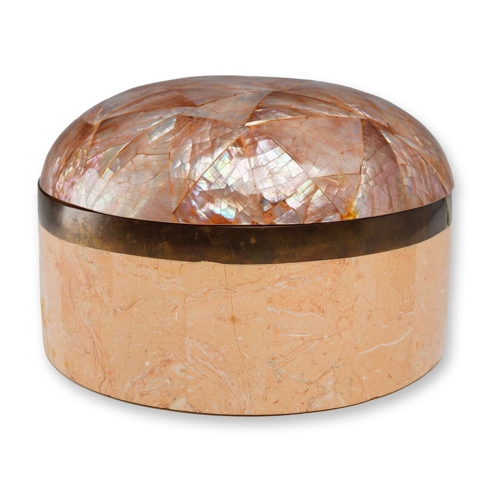 Postmodern Tessellated Stone and Mother-of-Pearl Lidded Box: Postmodern style lidded box in the manner of Maitland-Smith or Kinder-Harris, featuring a cylindrical base clad in peach-colored tessellated marbled stone tiles. The domed lid is composed of triangula