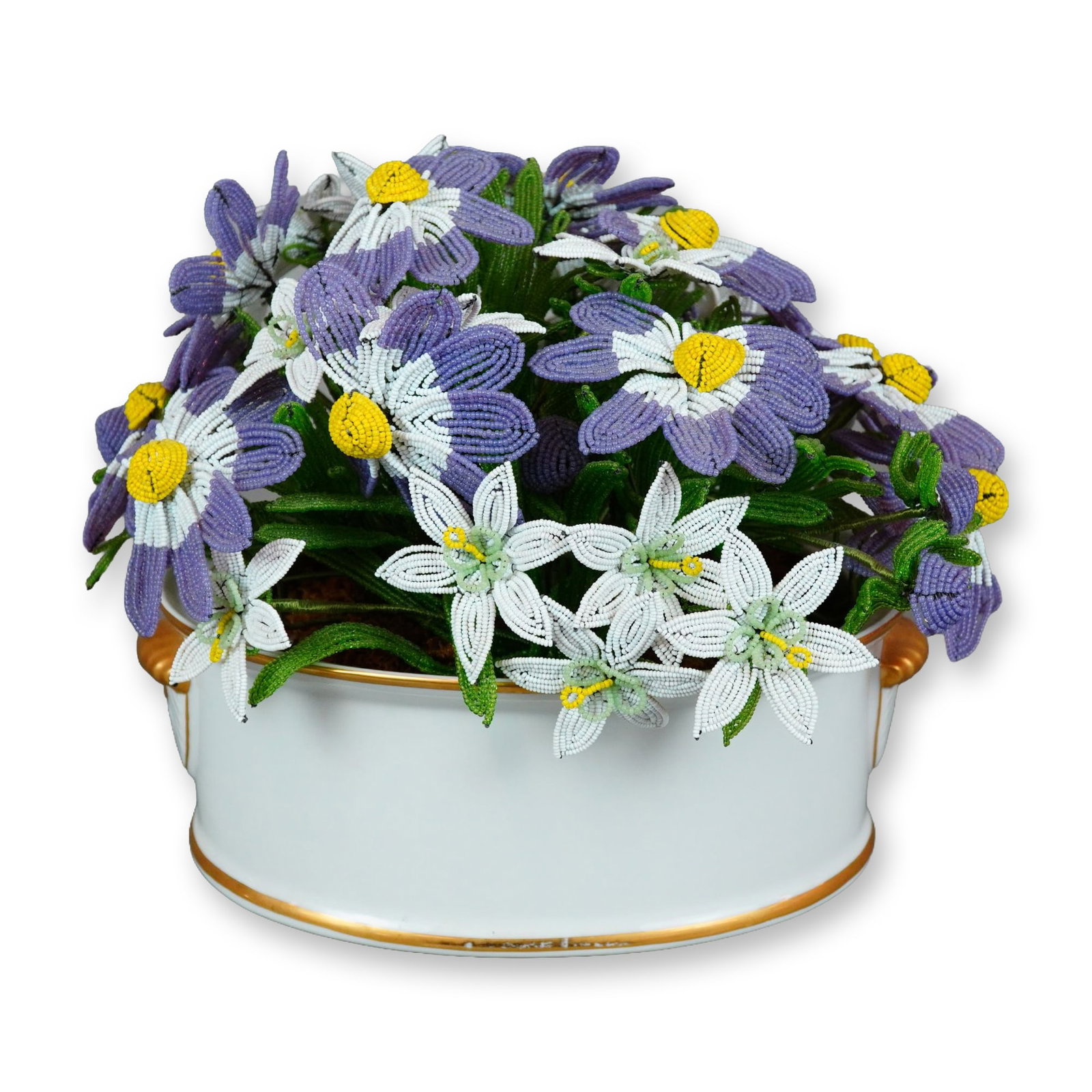 Andrea by Sadek Beaded Flower Porcelain Arrangement: Andrea by Sadek (Japanese). Decorative floral centerpiece featuring handcrafted French style wire and glass bead flowers set within a porcelain cachepot. The arrangement includes lavender, yellow, whi