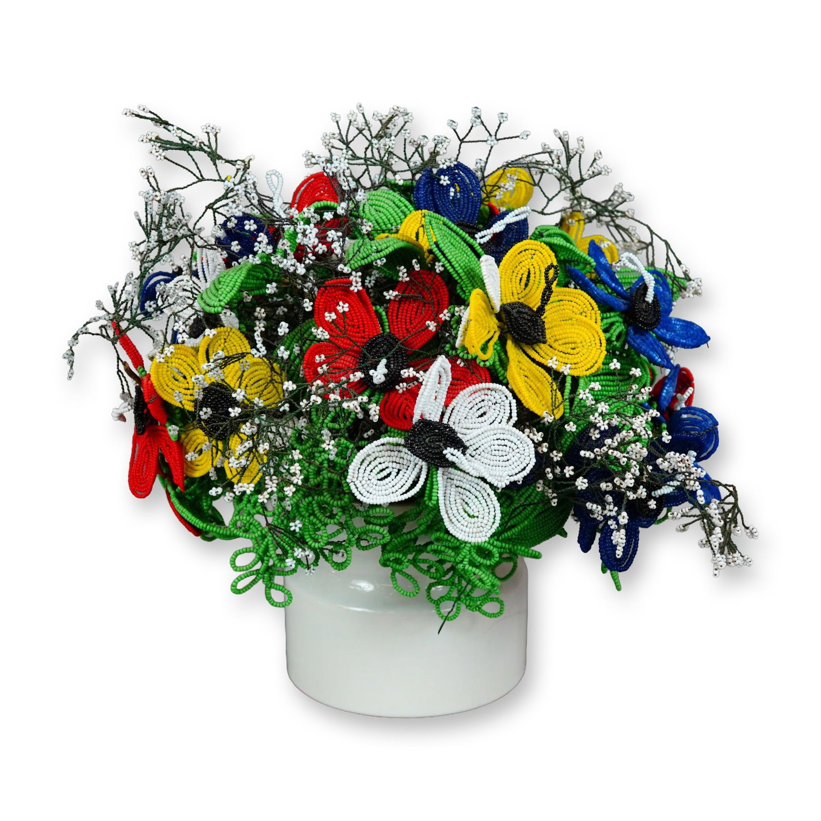 Vintage French Beaded Flower Arrangement: Mid-century French style wire and glass bead flower arrangement, presented in a glazed ceramic vase. The hand-wired bouquet is constructed from glass seed beads in red, white, blue, yellow, green, and