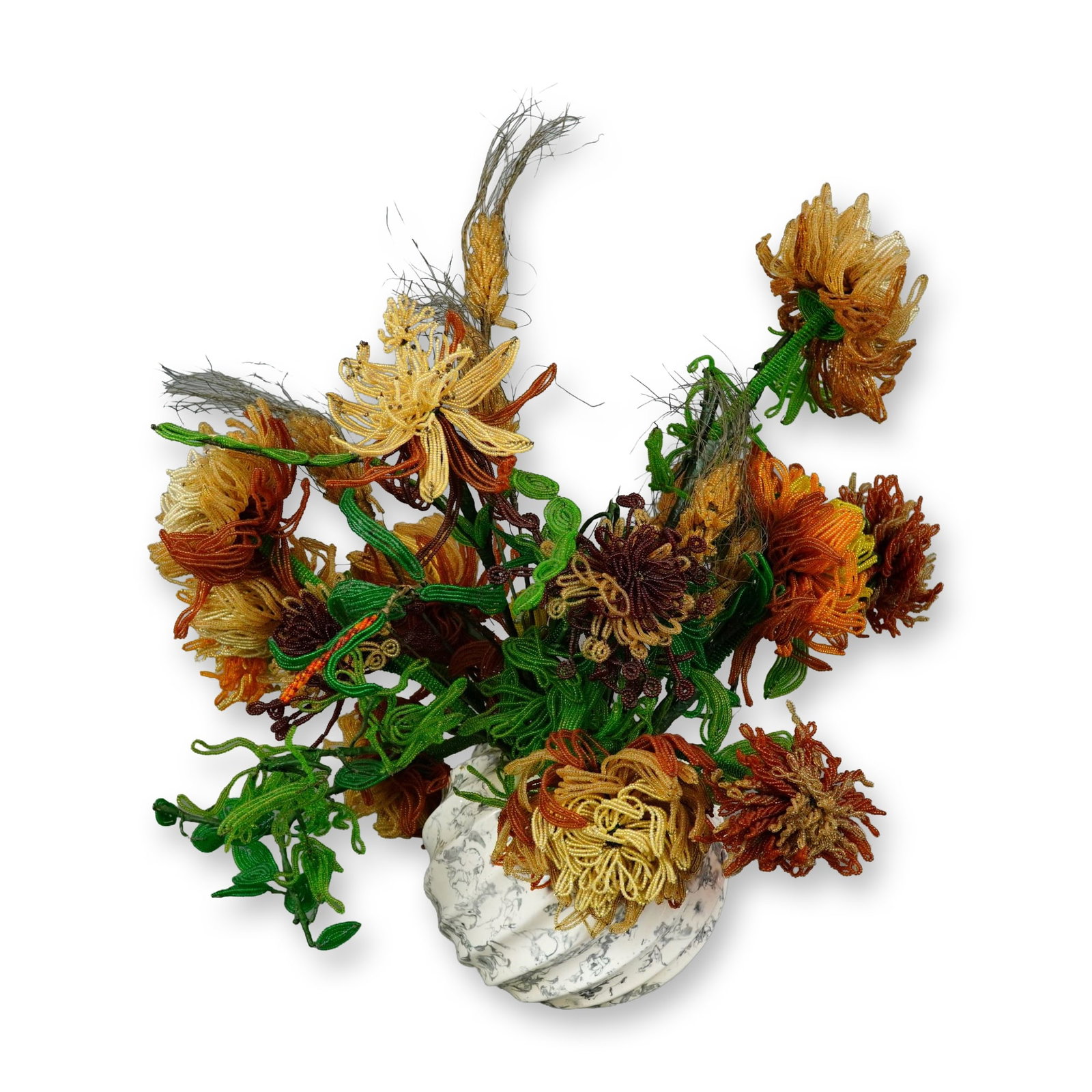 Vintage French Beaded Flower Arrangement in California Pottery Vase: Vintage French wire and glass bead flower arrangement in an autumn color palette, presented in a California pottery vase. The intricate bouquet features floral forms resembling dahlias and chrysanthem