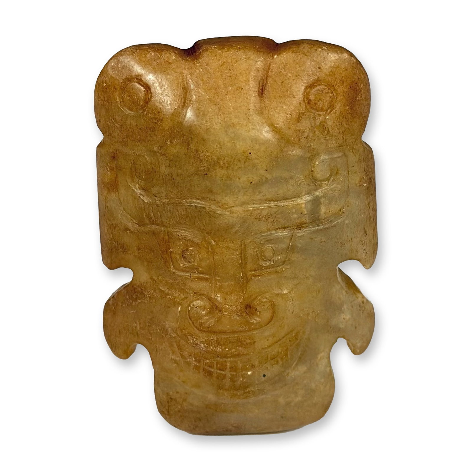 Chinese Archaic Style Carved Yellow-Brown Stone Human-Mask Slide (1 of 3)