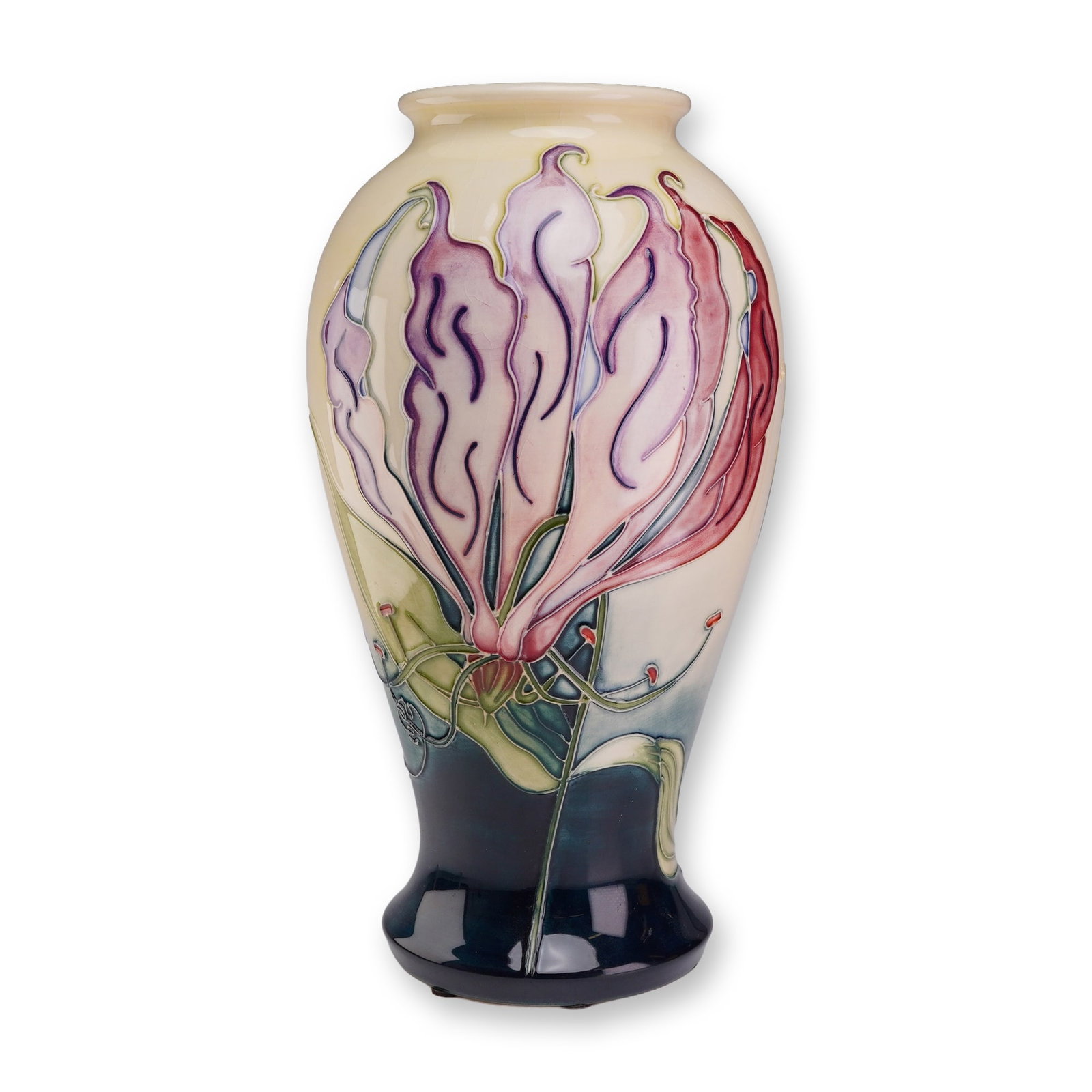 Moorcroft Pottery Vase for the Collectors Club 1998, Lily: The baluster-form vessel is decorated with hand-painted tubelined outlines featuring stylized Gloriosa superba lilies in shades of magenta, pink, and purple with green foliage. The design is set again