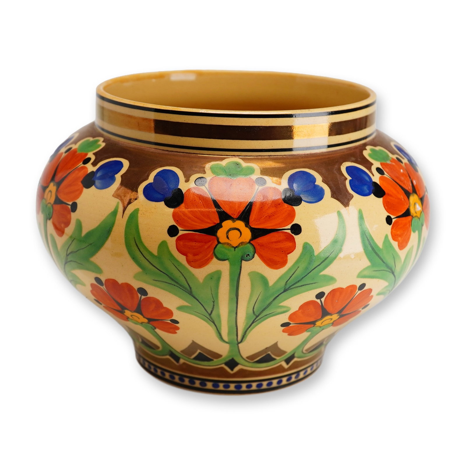 Wedgwood Millicent Taplin Caneware Sun-Lit Bowl: Wedgwood Millicent Taplin Sun-lit pattern caneware bowl, circa 1930. This Art Deco period earthenware bowl features a squat, bulbous form with a wide, short collar rim. The exterior is hand-painted in