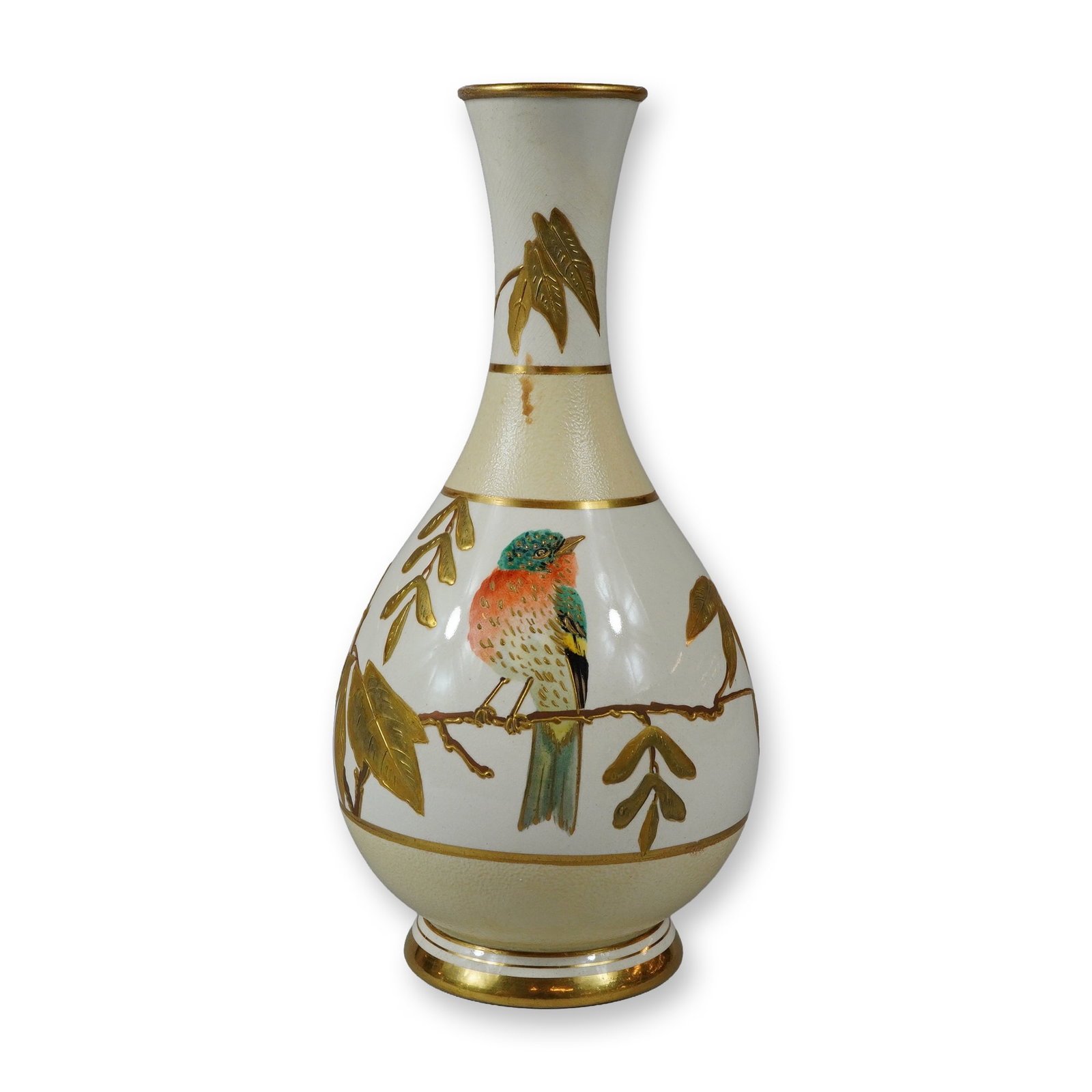 Wedgwood Bone China Gilt Paste and Enameled Bird Covered Urn Vase: The vessel is designed with an ovoid body transitioning to a tall, slender neck with a flared rim and a small circular foot. The central decoration features a hand-painted bird with a teal head and or