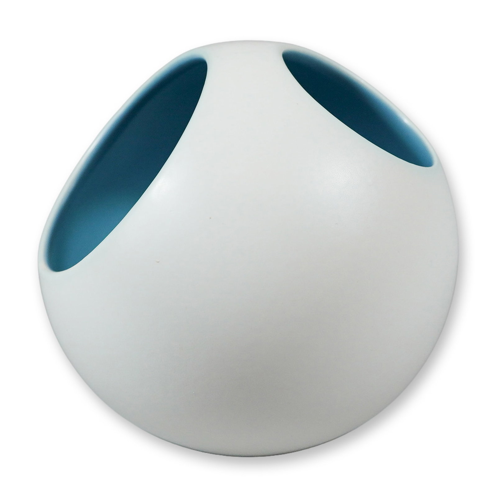 Wedgwood Norman Wilson Matte White and Turquoise Tri-Aperture Moon Vase: This mid-century modern ceramic moon vase was manufactured by Wedgwood and designed by master potter Norman Wilson. The spherical form is finished with a smooth matte white exterior glaze and features
