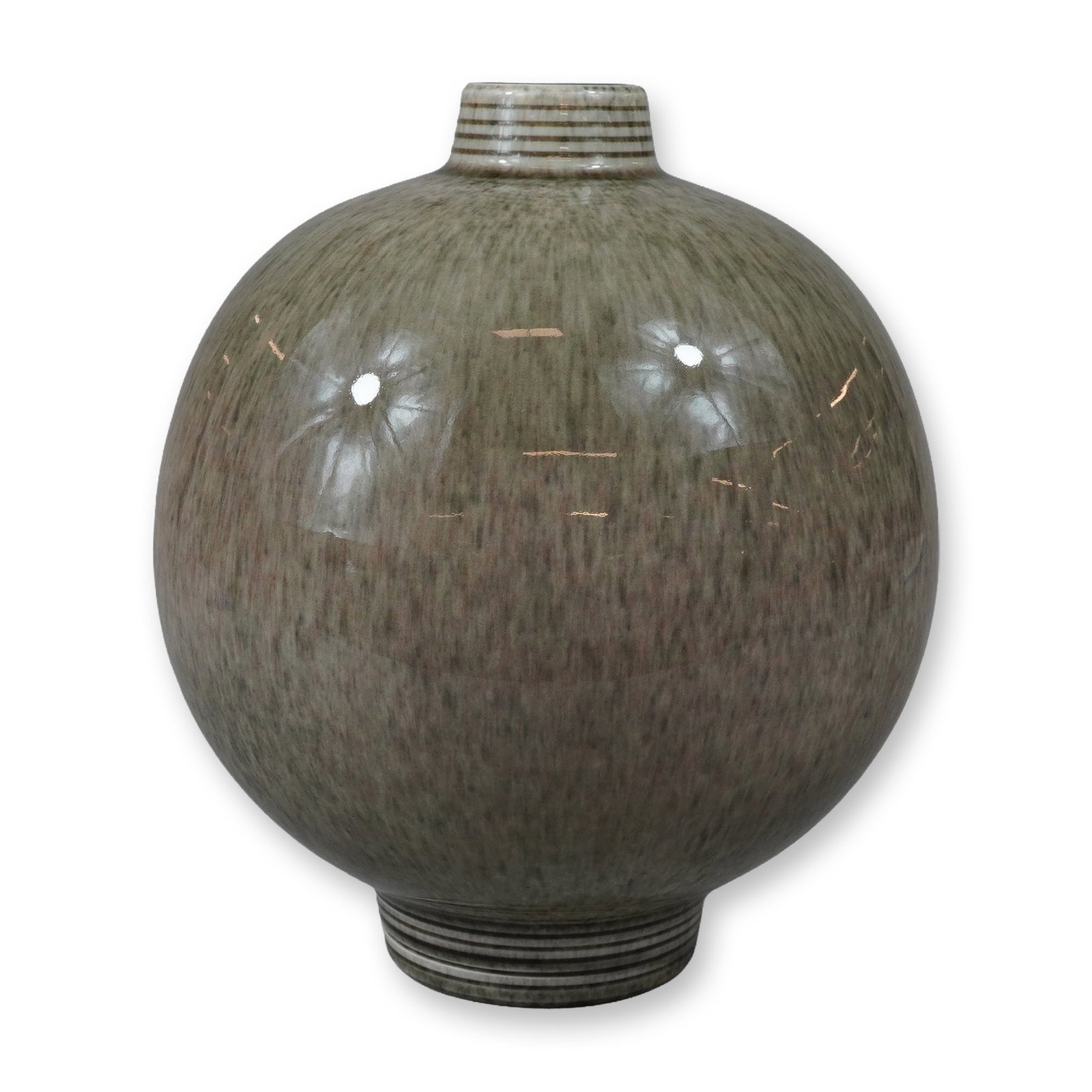 Wedgwood Spherical Moon Jar Vase with Crystalline Glaze: A spherical studio pottery vessel, known as a moon jar, by Wedgwood. The piece features a globular body with a short cylindrical neck and a slightly flared ring foot. The neck and foot are decorated w