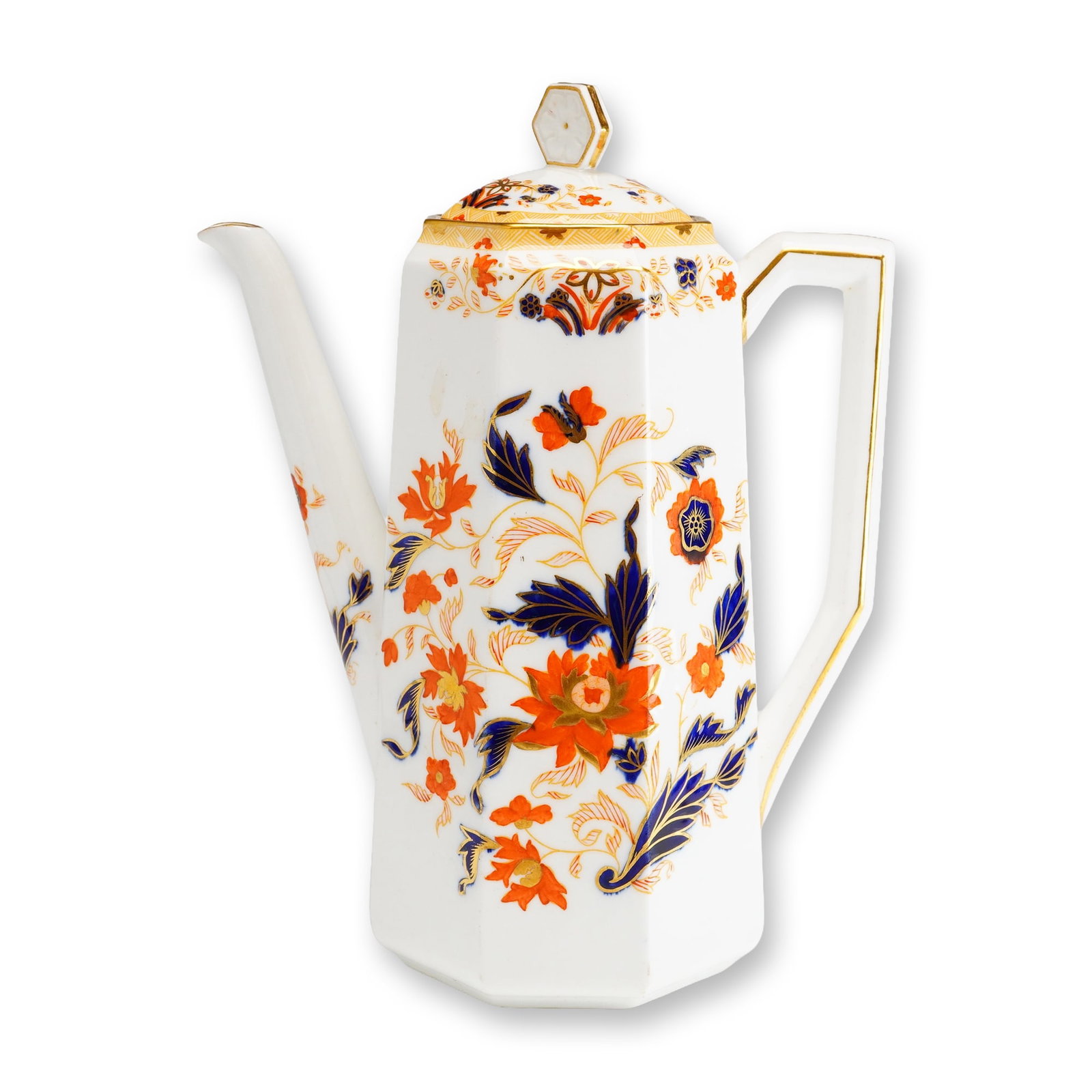 Wedgwood Japan Pattern Imari Style Bone China Lidded Coffee Pot: This Wedgwood bone china lidded coffee pot features an octagonal form decorated in an Imari-inspired style. The decoration consists of vibrant orange-red blossoms and dense cobalt blue leaves, all fin