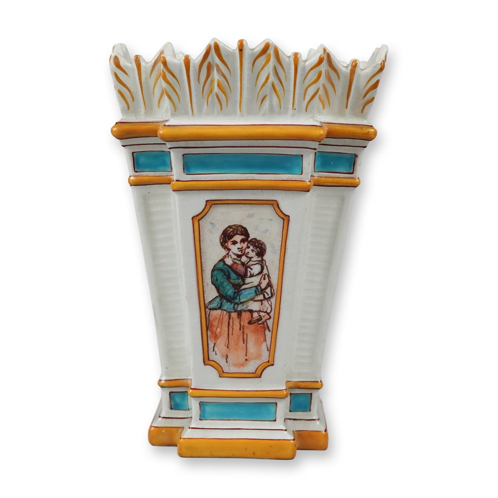 Wedgwood Earthenware Tulip Vase with Hand Painted Figurative Panels: A Wedgwood earthenware vase features a flared, rectilinear body with indented corners and a cruciform-style base. The upper rim is molded with an upright, scalloped leaf design. The exterior is finish