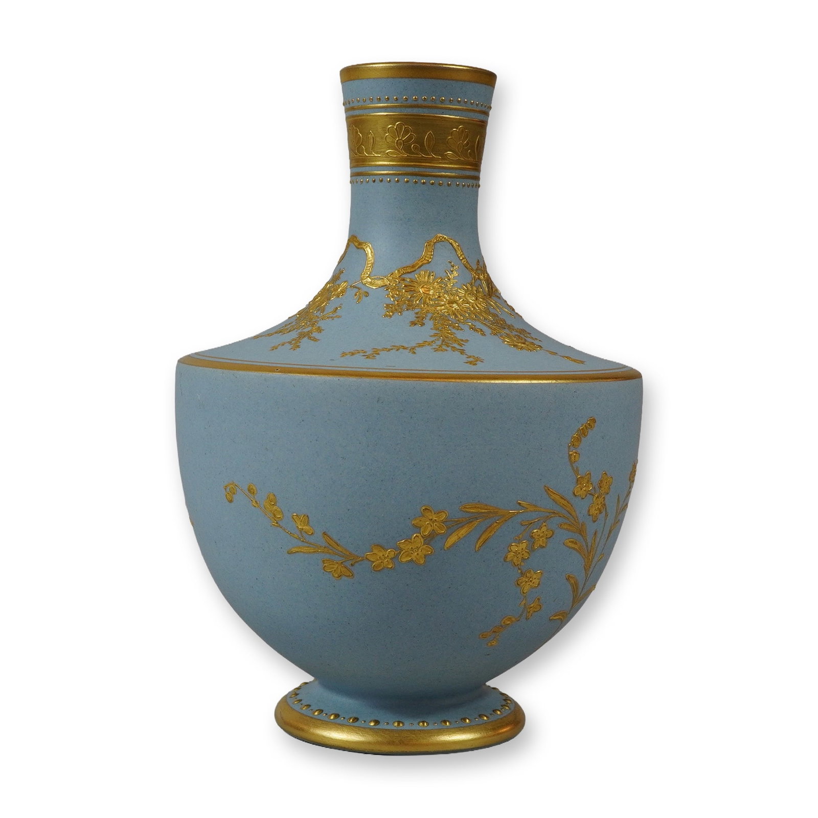 Wedgwood Blue Stoneware Vase with Raised Floral Gilt Decoration: A Wedgwood fine porcelain or bone china vase featuring a powder blue ground with a characteristic stippled texture. The vessel is constructed with a squat ovoid body, a broad sloping shoulder, and a t