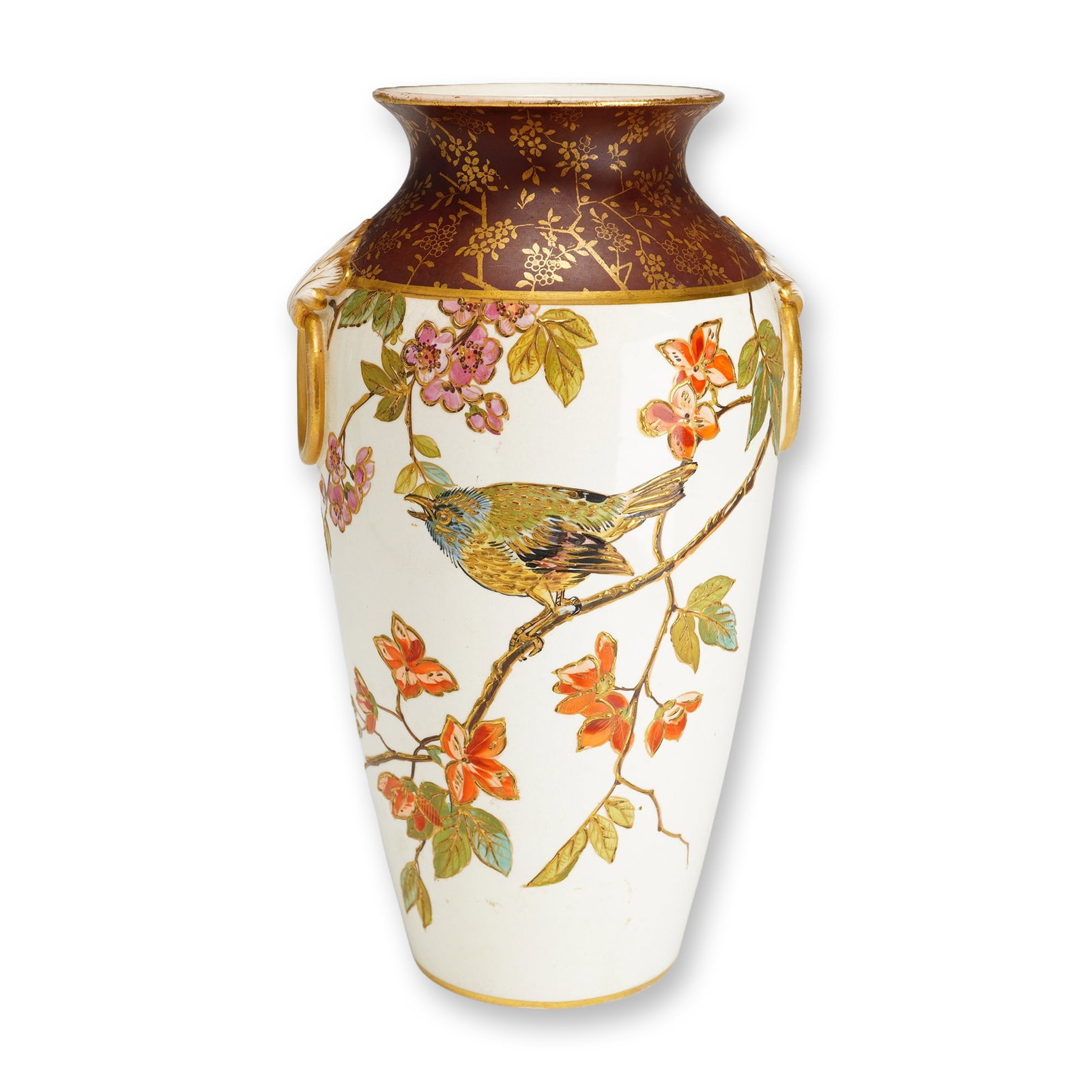 Wedgwood Aesthetic Movement Gilded Japonisme Vase: This Wedgwood gilded vase is designed in the Aesthetic Movement style with distinct Japonisme influences. The earthenware vessel features a tapered ovoid body rising from a narrow foot to a flared nec