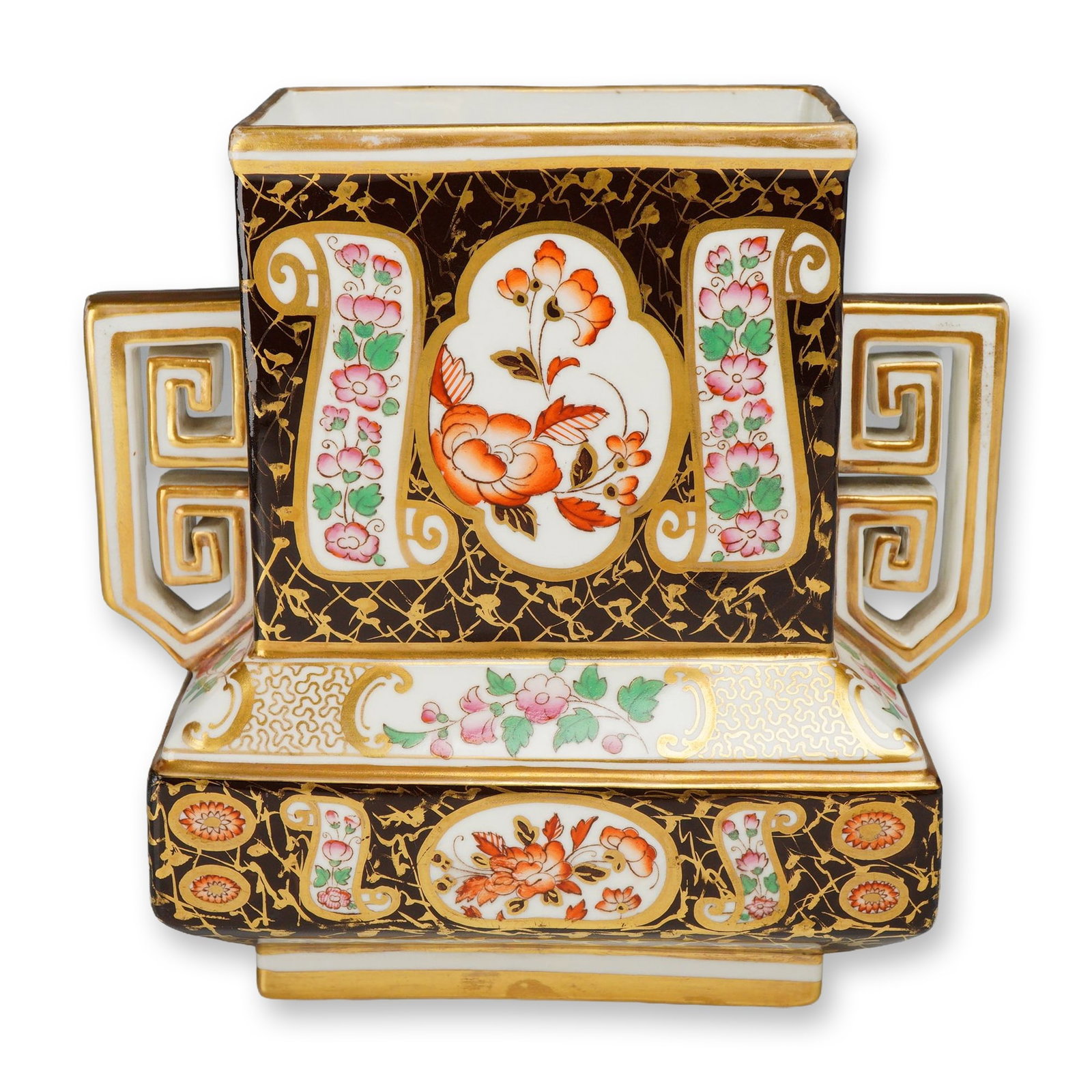 Wedgwood Aesthetic Movement Imari Style Gilt and Hand-Painted Rectangular Vase, ca. 1880: A Wedgwood fine bone china rectangular vase in the Imari style, dating to circa 1880. This Aesthetic Movement piece features a twin-handled architectural form with a flared rectangular rim, a stepped-