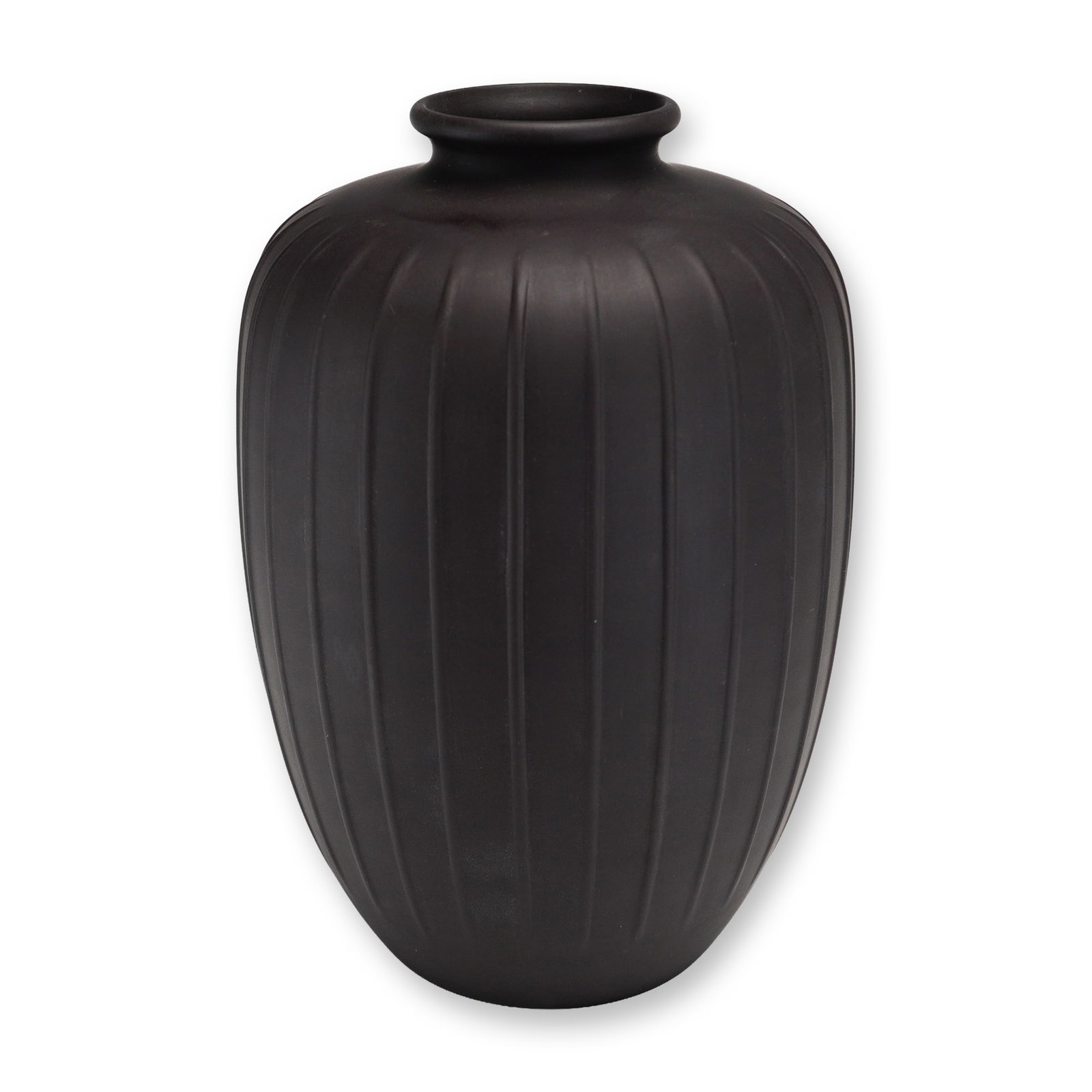 Wedgwood Ribbed Black Basalt Ovoid Vase: A Wedgwood black basalt stoneware vase featuring an ovoid form with a narrow neck and a short, flared rim. The exterior surface is decorated with vertical ribbed fluting that extends from the shoulder