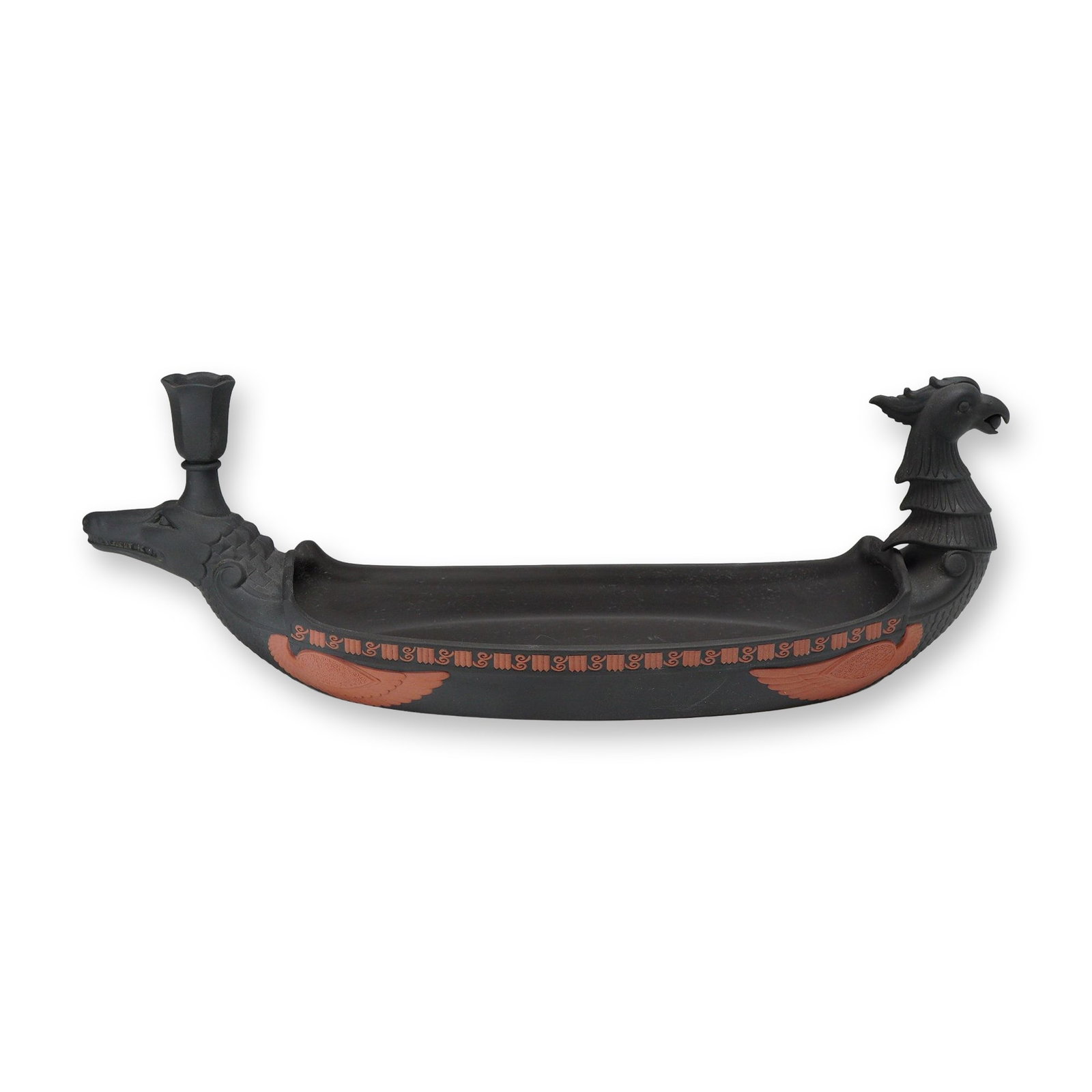 Wedgwood Black Basalt and Rosso Antico Egyptian Revival Canopic Inkstand: A Wedgwood boat-shaped ceramic inkstand in the Egyptian Revival style, crafted in matte black basalt stoneware. The vessel is designed with a jackal-head prow supporting a candle socket and a hawk-hea