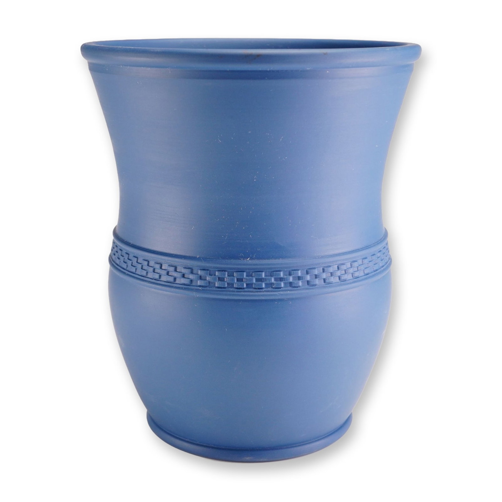 Wedgwood by Paul Finney Jasperware Royal Blue Vase, Signed: A contemporary Wedgwood Jasperware stoneware vase in a deep royal blue matte finish. The vessel features a flared rim and a cinched waist decorated with a recessed geometric basketweave or