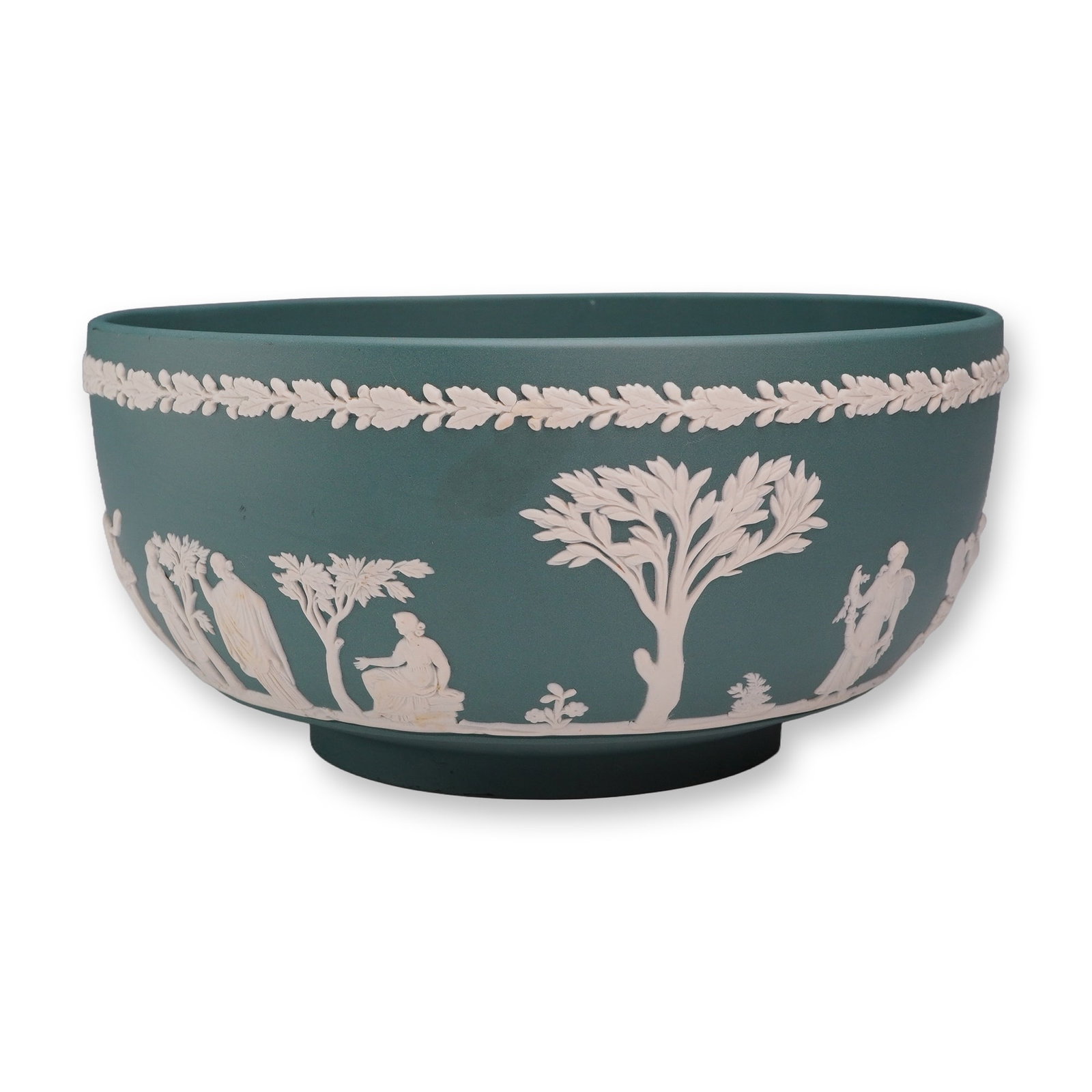 Wedgwood Sage Green Jasperware Sacrifice Bowl: A Wedgwood jasperware bowl in a sage green colorway featuring the neoclassical Sacrifice pattern. The exterior body is decorated with sprigged white bas-relief figures in classical attire, including