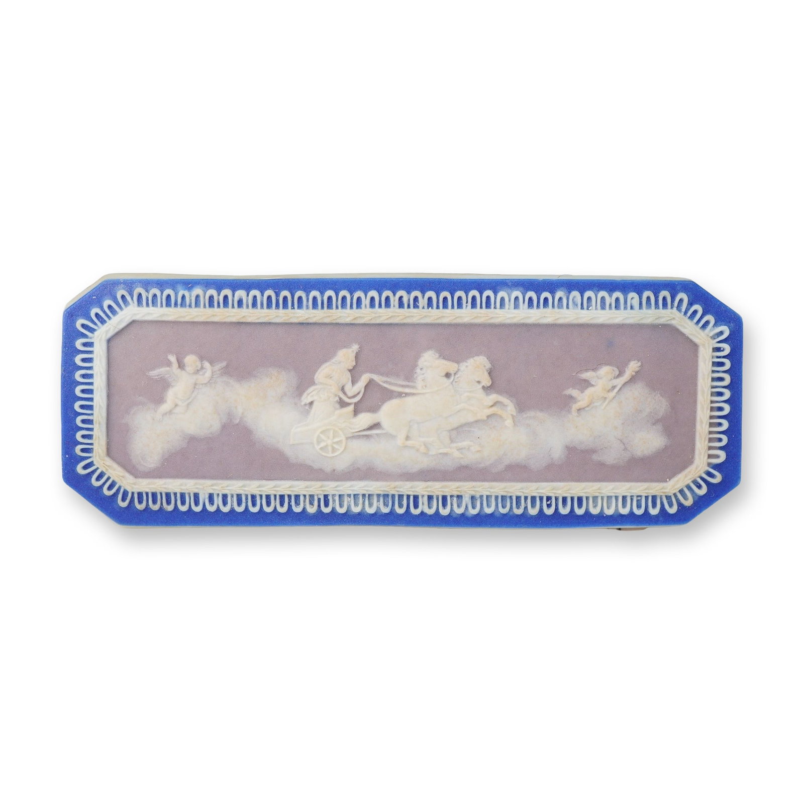 Wedgwood Tri-Color Jasperware Miniature Octagonal Classical Plaque: A Wedgwood tri-color jasperware miniature plaque of octagonal form, dating to the 19th century. The piece features white sprigged bas-relief decoration set against a lilac-colored central field. The