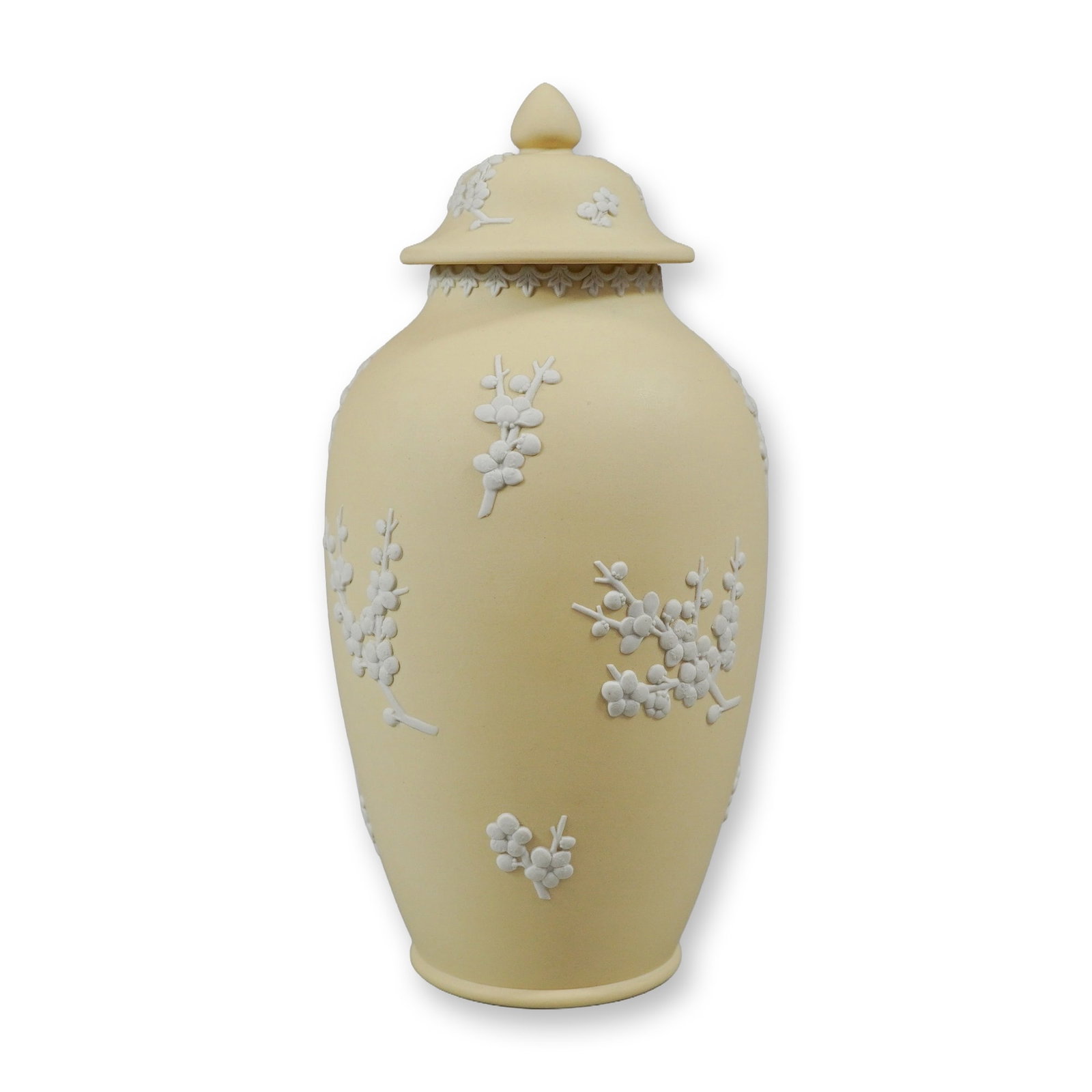 Wedgwood Primrose Yellow Jasperware Ginger Jar with Lid: A Wedgwood Jasperware stoneware ginger jar with lid, featuring a primrose yellow ground with white bas-relief sprigged decoration. The jar has an ovoid body and a matching domed lid topped with a coni