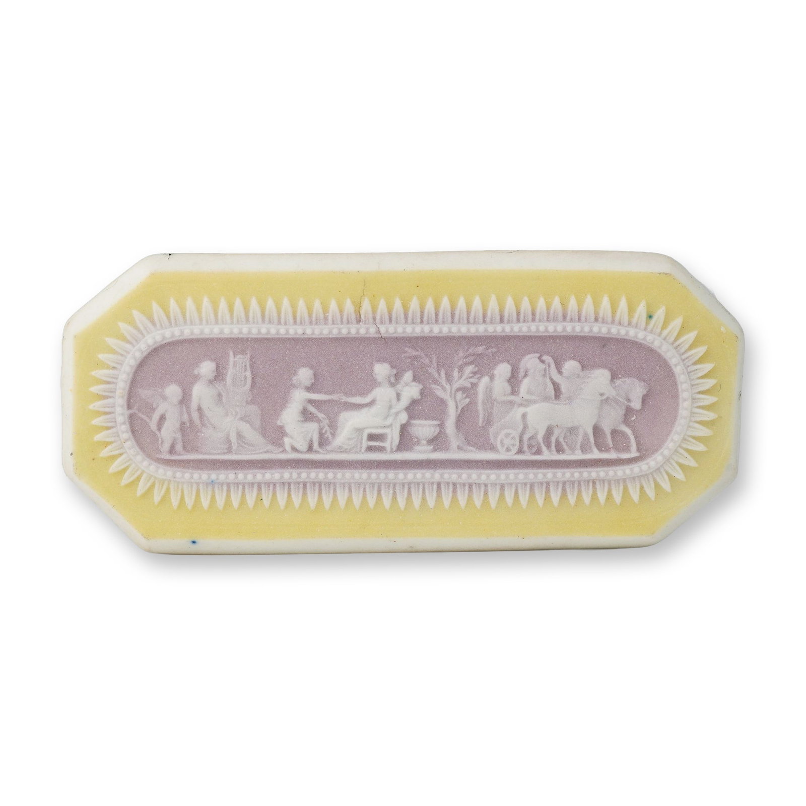 Wedgwood Tri-Color Jasperware Oblong Octagonal Mini Plaque: This Wedgwood tri-color jasperware mini plaque is of oblong octagonal form and features sprigged bas-relief neoclassical ornamentation. The central lilac-colored field depicts a classical narrative