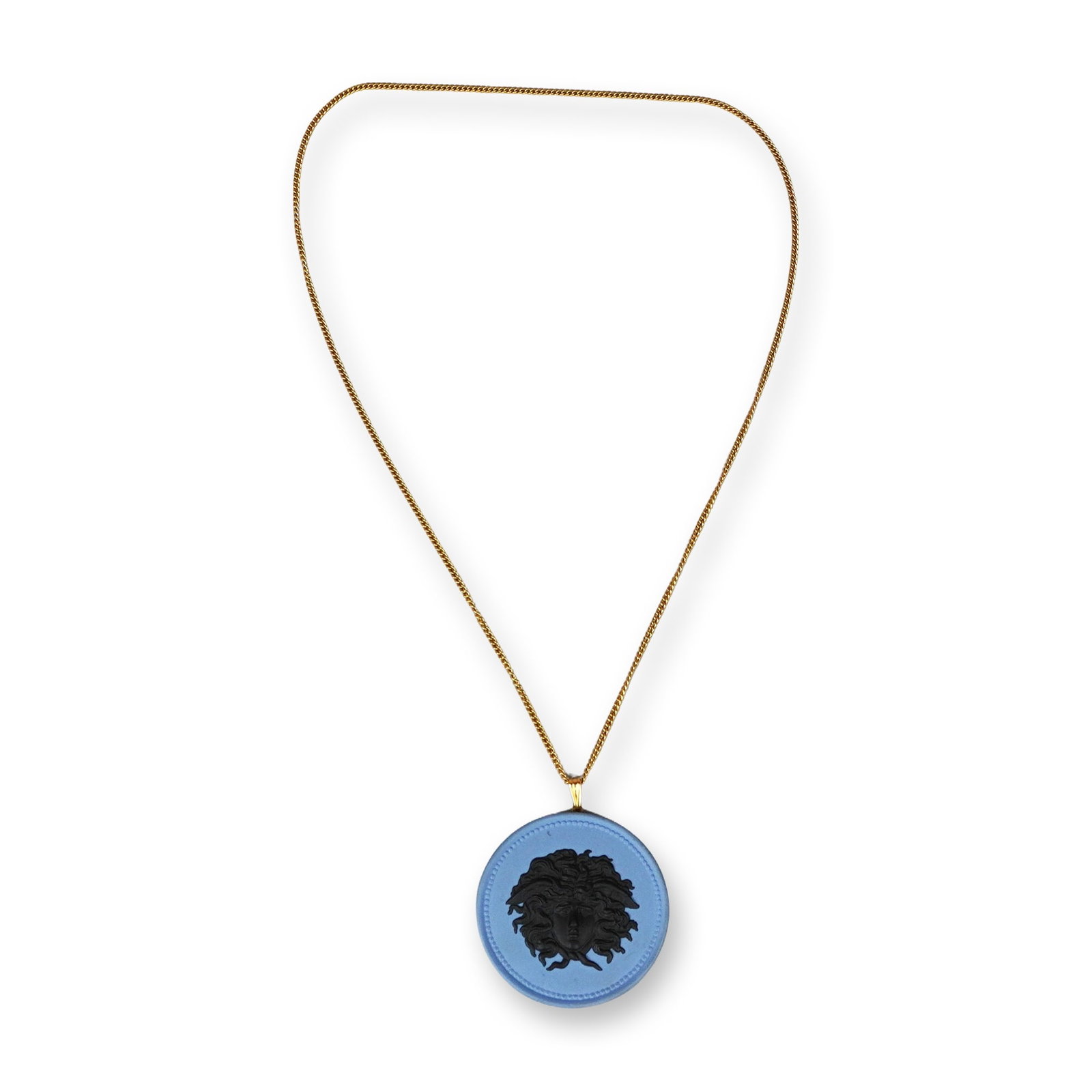 Wedgwood Jasperware Medusa Pendant Necklace: This Wedgwood jasperware pendant necklace features a classical motif. The circular pendant is crafted from light blue stoneware with a matte finish, centered with a black sprigged bas-relief depicting