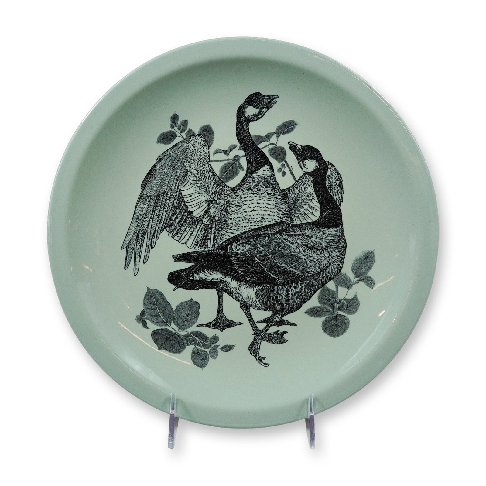 Wedgwood American Game Birds Canada Goose Celadon Plate Factory Sample: A Wedgwood celadon-glazed earthenware coupe plate from the American Game Birds series, featuring the Canada Goose pattern. This item is documented as a factory sample, produced circa 1954 in Barlaston