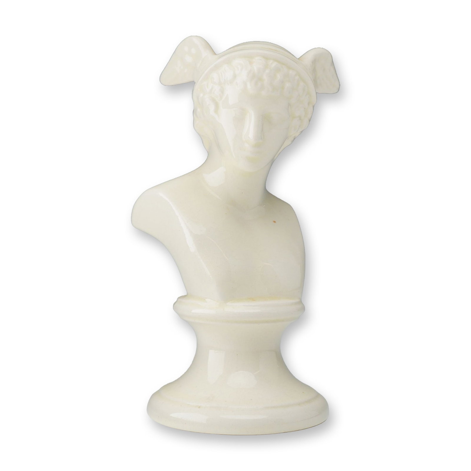 Wedgwood Glazed Creamware Library Bust of Mercury: A neoclassical miniature bust of the Roman god Mercury, manufactured by Wedgwood at the Barlaston factory in England. The figure is modeled with characteristic curly hair and a winged helmet, finished