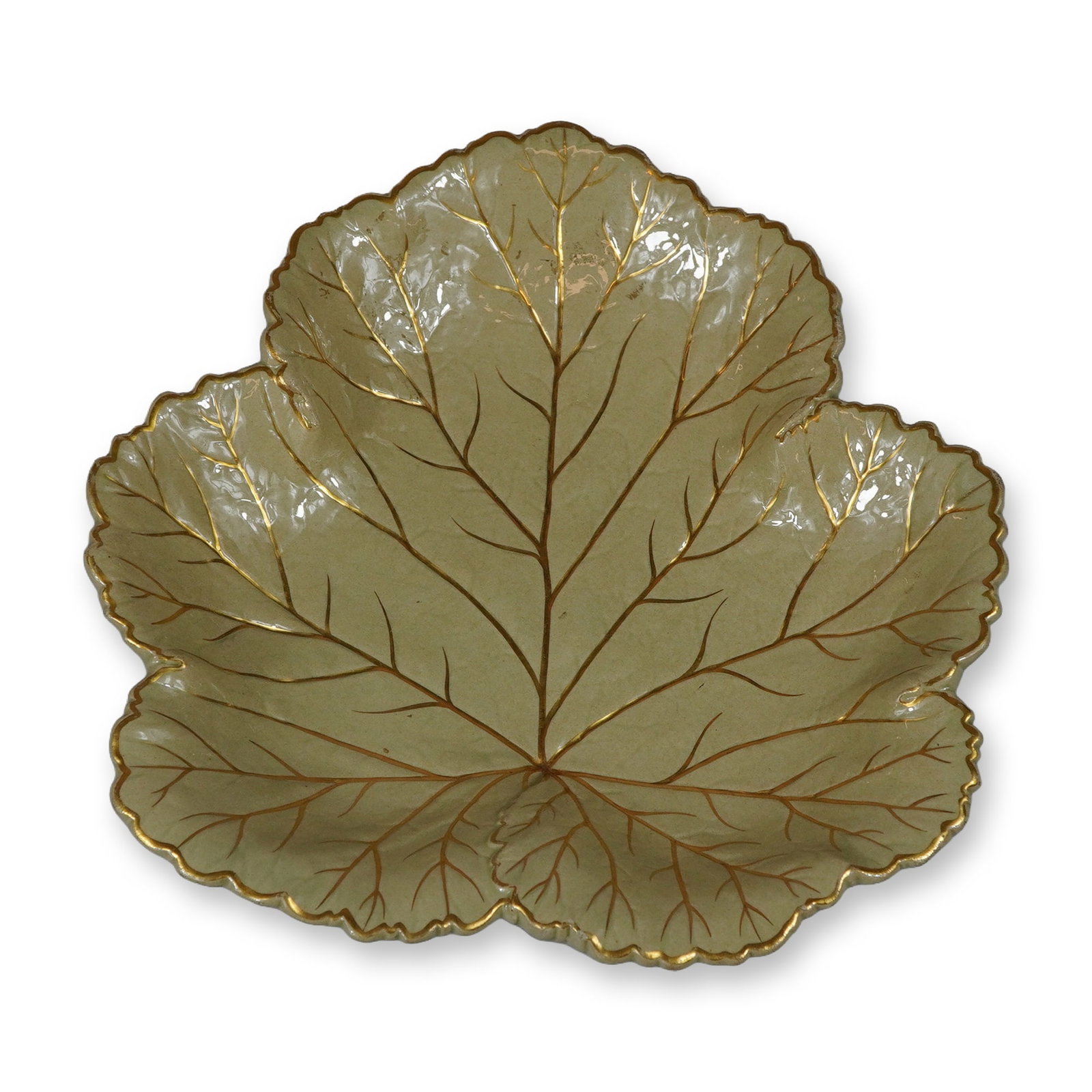 Wedgwood Drabware Gilded Leaf Shaped Bowl: This ceramic bowl is an example of Wedgwood drabware, a colored-body stoneware produced by the factory in the early 19th century. The piece is modeled in the form of a trilobed leaf with a scalloped e