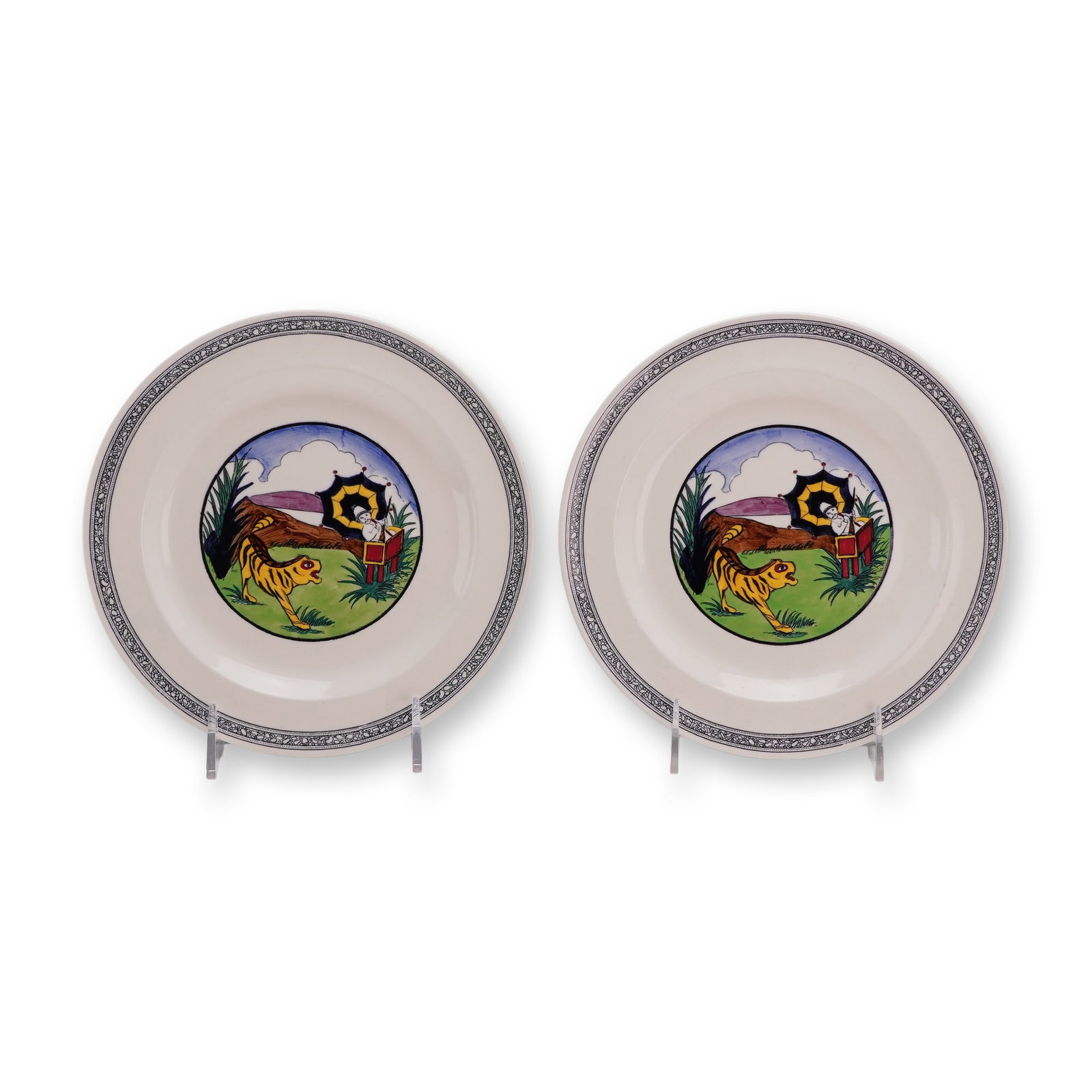 Pair of Wedgwood Etruria by Daisy Makeig-Jones Earthenware Plates with Oriental Hunter Design (1 of 3)