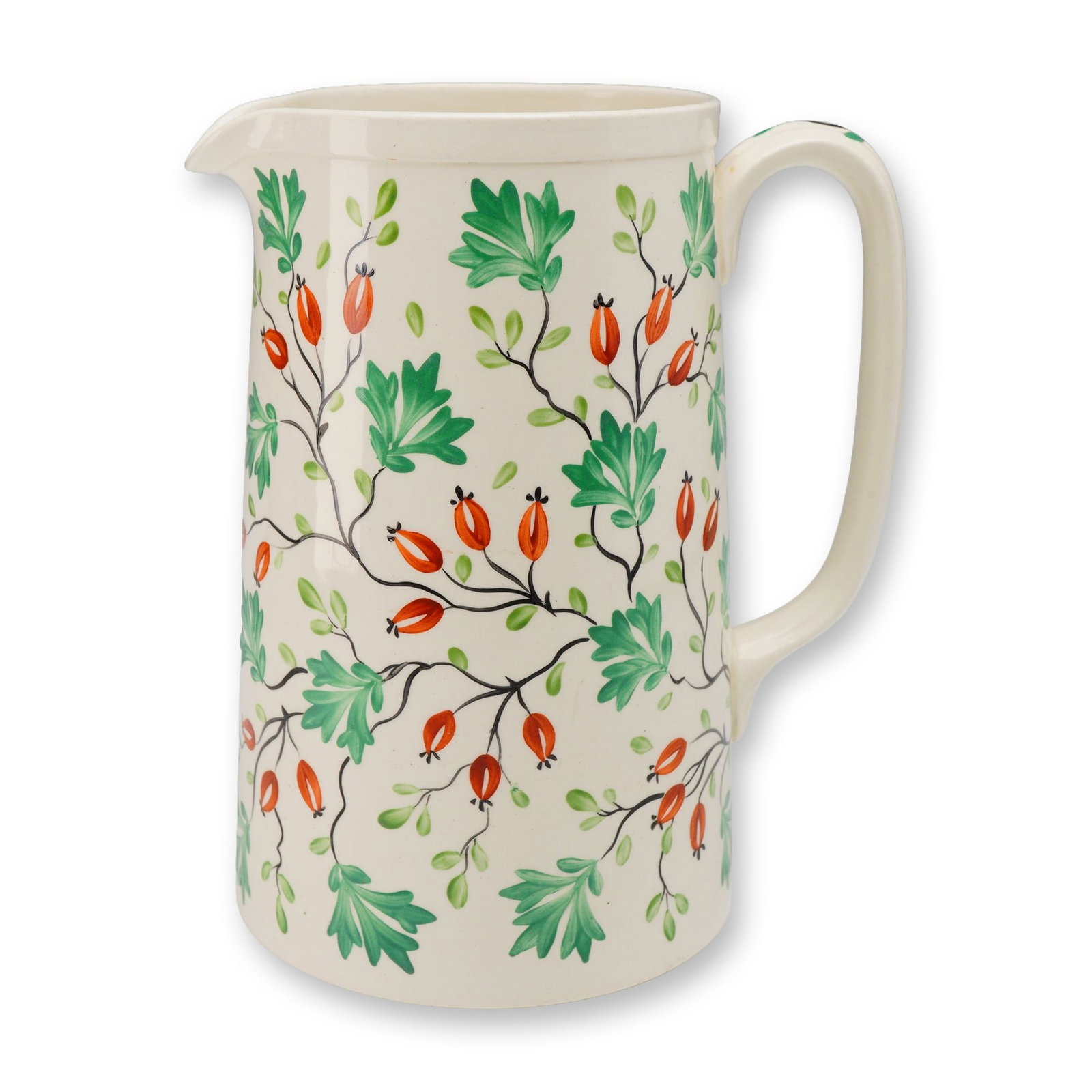Wedgwood Hand-Painted Earthenware Botanical Pitcher Dated 1929: This Wedgwood earthenware pitcher features a hand-painted botanical design and is dated November 1929. The tall, cylindrical form includes a slightly tapered neck, a pinched pouring spout, and a D-sha