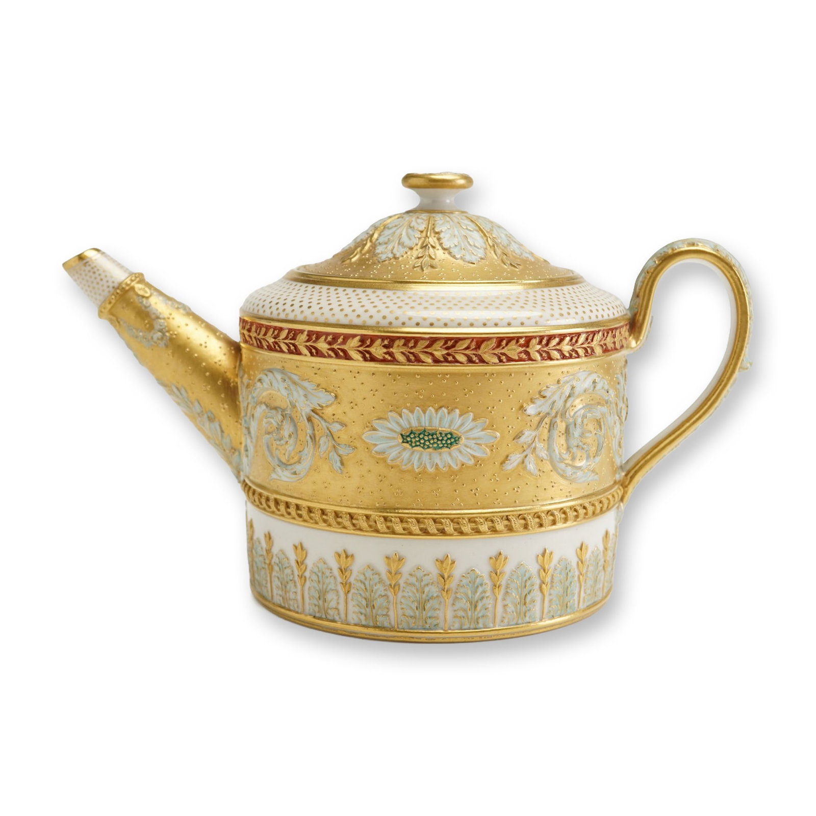 Wedgwood Gilt and Jeweled Bone China Teapot: This fine bone china teapot features the stamped mark of Wedgwood. The vessel is designed with a cylindrical body, a stepped shoulder, a straight tapering spout, and a simple loop handle. It is accomp