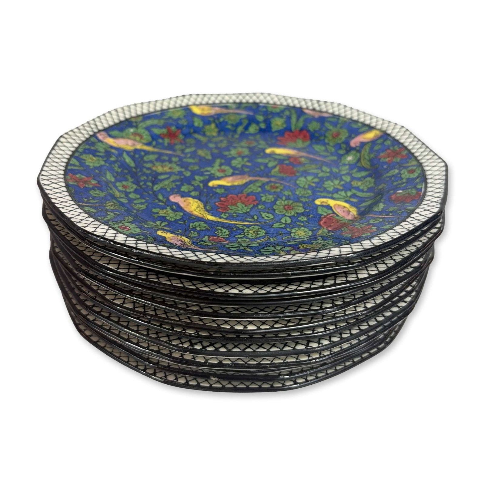 Set of Twelve Royal Doulton Persian C Octagonal Plates: Royal Doulton, England. Set of eight octagonal luncheon plates in glazed earthenware, featuring the Persian C pattern (D4031). The design consists of vibrant polychrome transfer-printed exotic birds, 