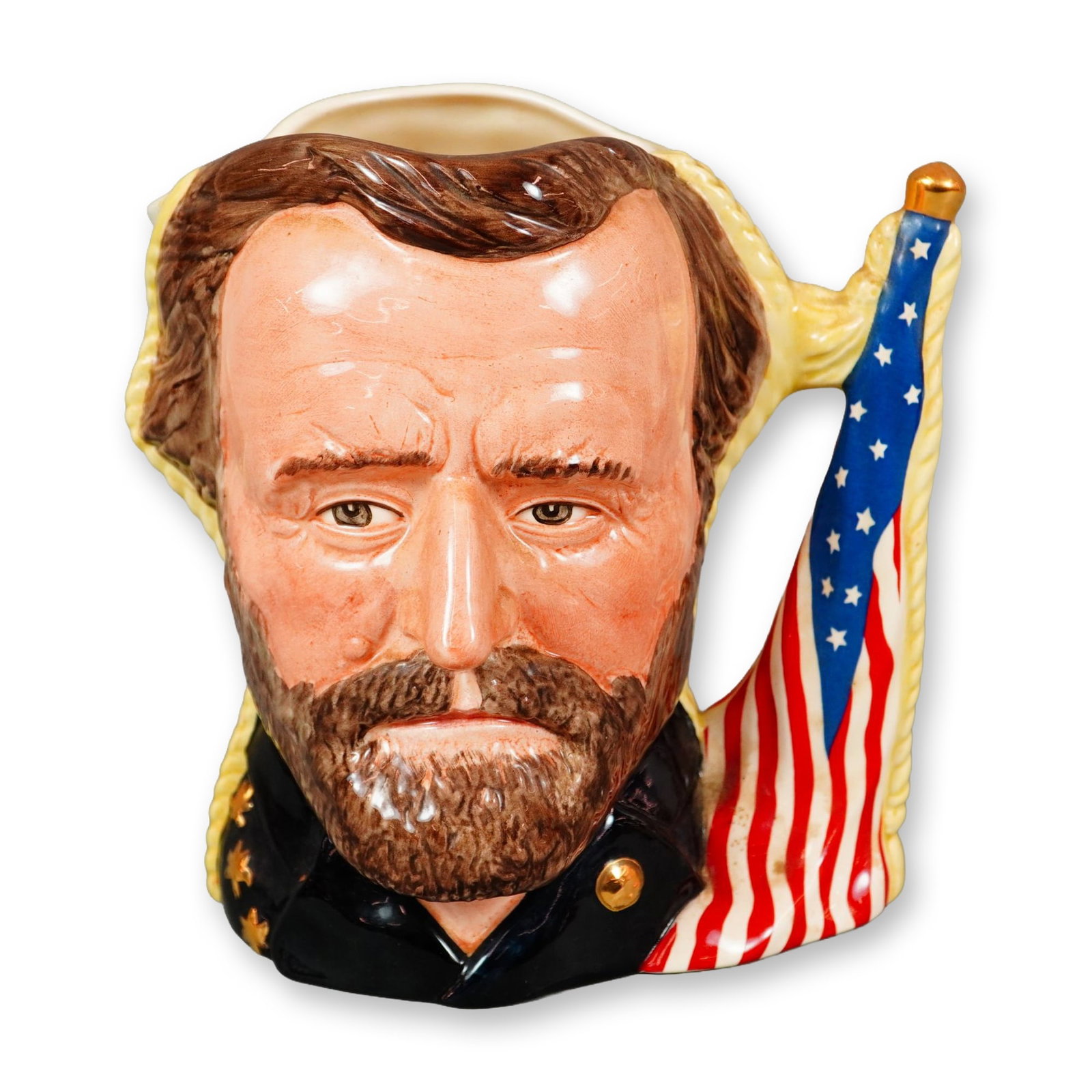 Royal Doulton Double-Face Large Character Jug, Ulysses Grant & Robert E. Lee D6698: Designed by Michael Abberley for Royal Doulton's celebrated Antagonists' Collection, this finely modeled character jug is decorated in black, grey, brown, and red glazes. The design features Union Gen