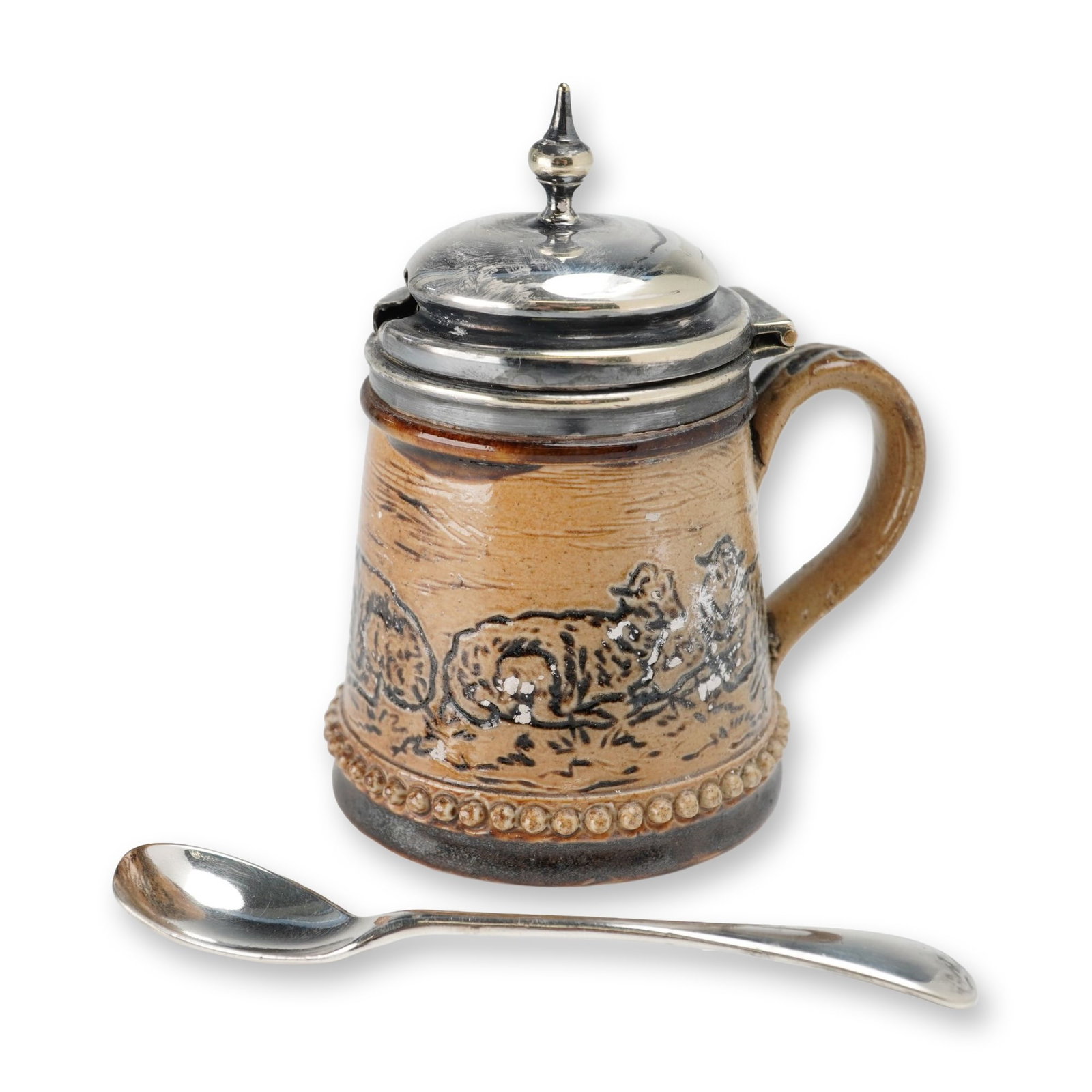 Doulton Lambeth Hannah Barlow Stoneware Sheep Motif Mustard Pot with Spoon (1 of 4)