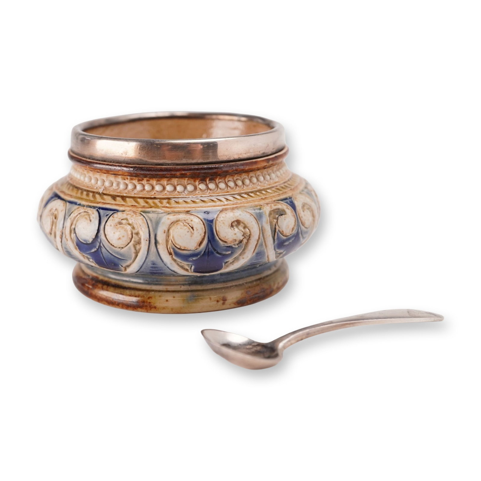 Doulton Lambeth Stoneware and Sterling Silver Mounted Salt Cellar with Sterlig Silver Spoon (1 of 5)