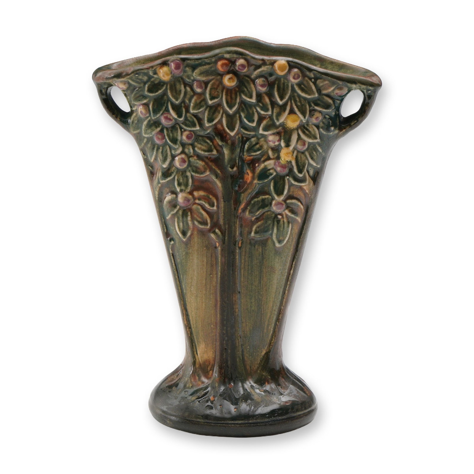 Weller Pottery Voile Fan Vase: Weller Pottery fan vase from the Voile line, featuring a distinctive Art Nouveau design with embossed floral motifs in relief on both sides. The vase is finished in a multicolored glaze blending deep 