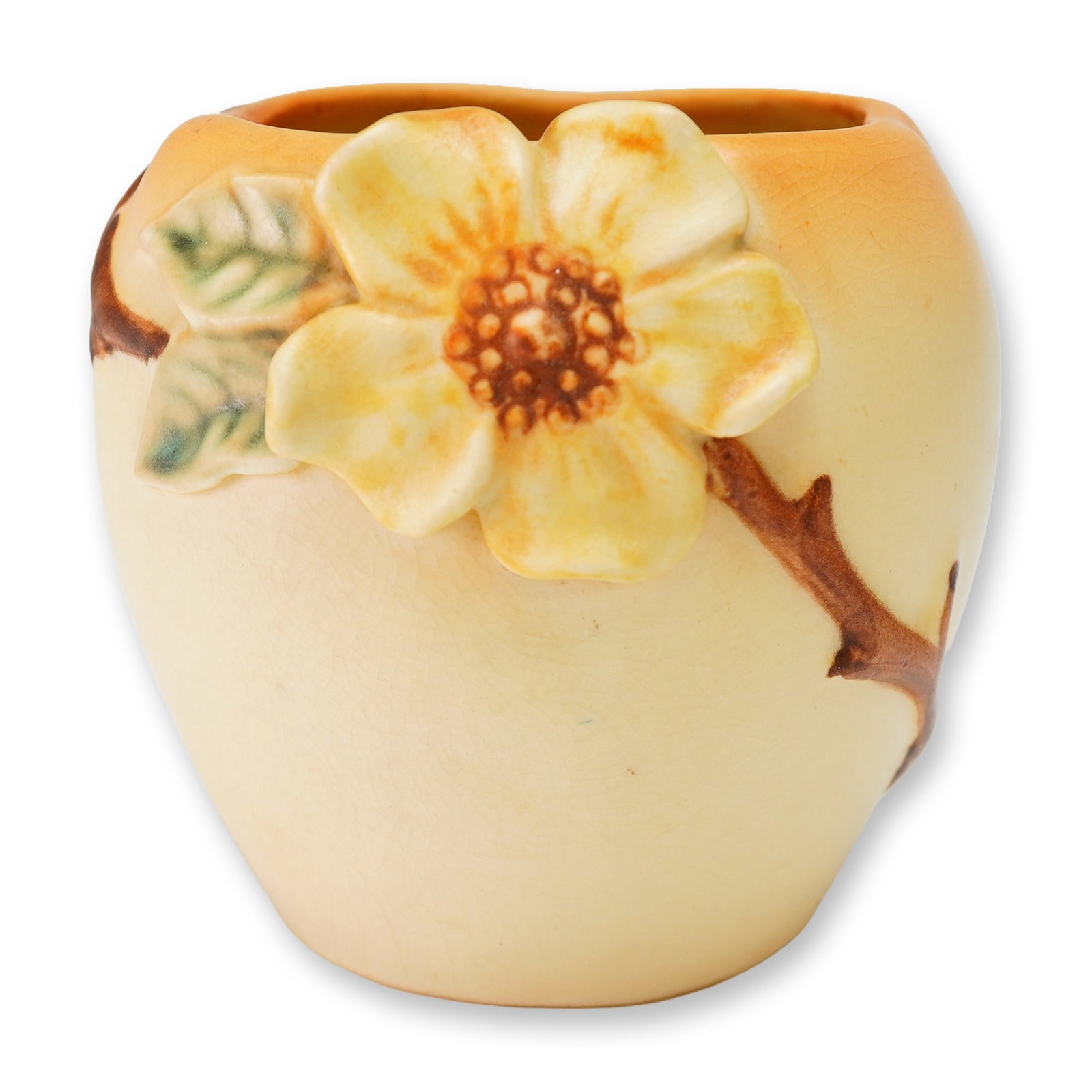 Weller Pottery Yellow Floral Vase Rosemont II: A Weller Pottery ceramic vessel Rosemont II pattern featuring a globular form with a subtly lobed rim. The exterior is finished in a matte cream glaze with apricot-toned shading at the top, accented b