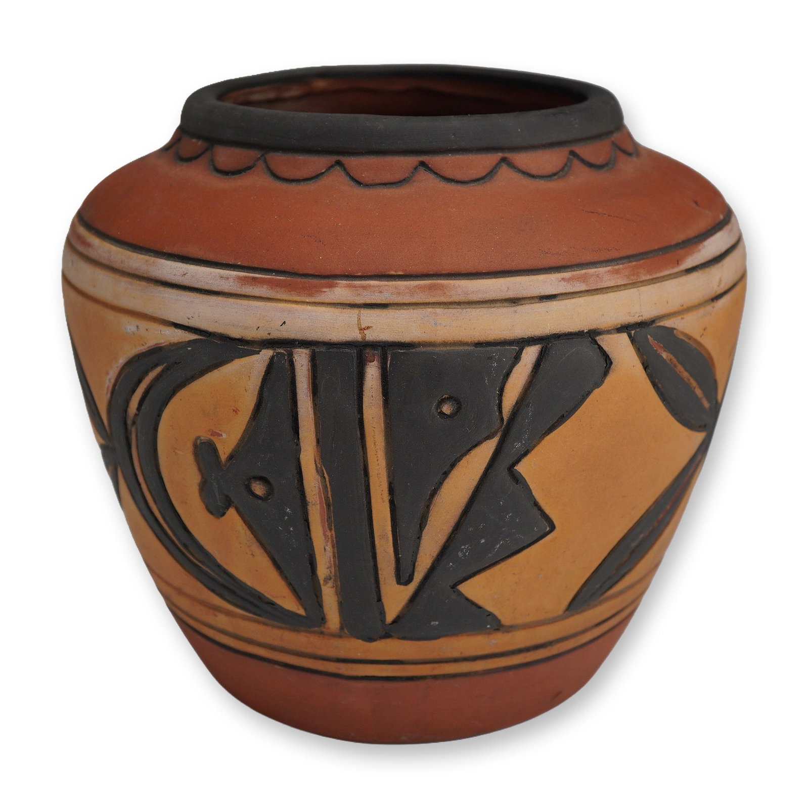 Weller Art Pottery Vase, Souevo: Polychrome pottery jar crafted from hand-coiled terracotta clay. The tapered, ovoid vessel features a wide tan slip band around the midsection decorated with bold, black painted geometric and