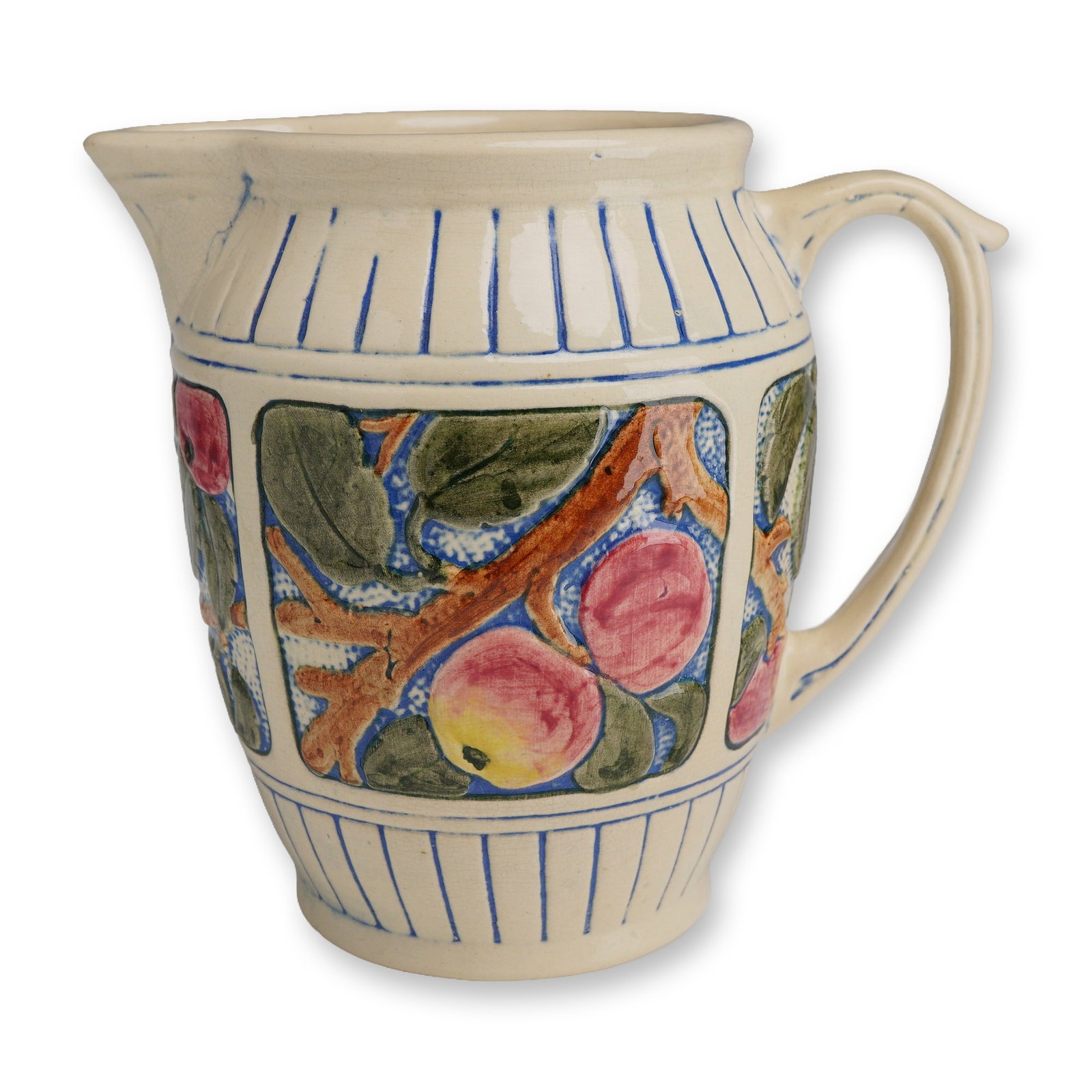 Weller Pottery Harvest Apple Pitcher, Zona: Zona pattern featuring a molded relief design of apples on branches. The vessel is constructed of glazed ceramic with an off-white base color. The central decorative band consists of rectangular