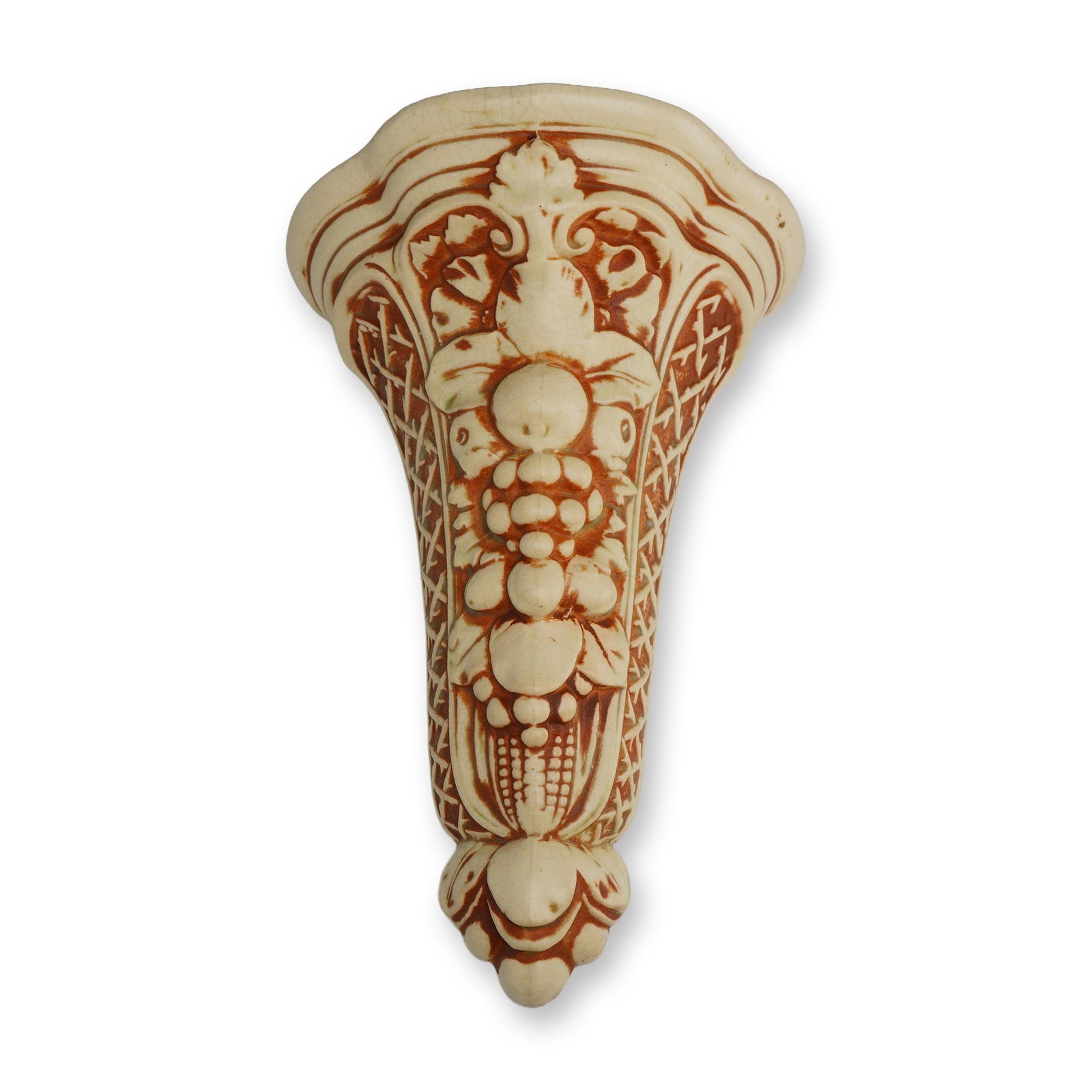 Weller Pottery Cornucopia Wall Shelf, Clinton Ivory: A molded earthenware wall shelf from the Clinton Ivory line by Weller Pottery of Zanesville, Ohio. This piece features a central cornucopia motif overflowing with grapes and foliate elements in deep r