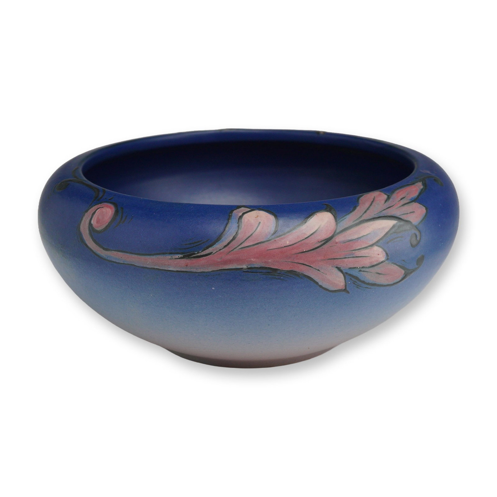 Weller Hudson Pottery Globular Bowl: An American art pottery bowl produced by Weller Pottery of Zanesville, Ohio. The vessel features a low-profile globular form with a matte ombre glaze transitioning from deep cobalt blue at the rim to