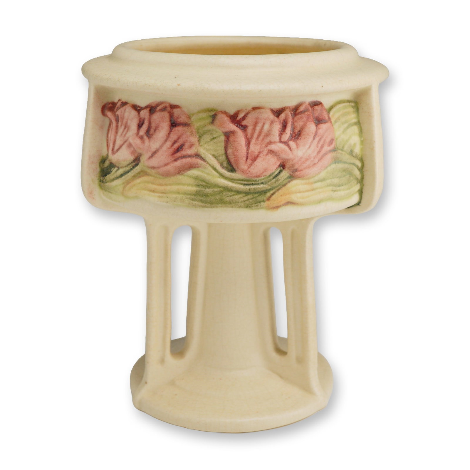 Weller Pottery Pedestal Bowl with Tulip Relief, Roma: This Arts and Crafts style ceramic pedestal bowl is attributed to the Roma line by Weller Pottery of Zanesville, Ohio, dating to the early 20th century, circa 1915-1920. The vessel features a molded